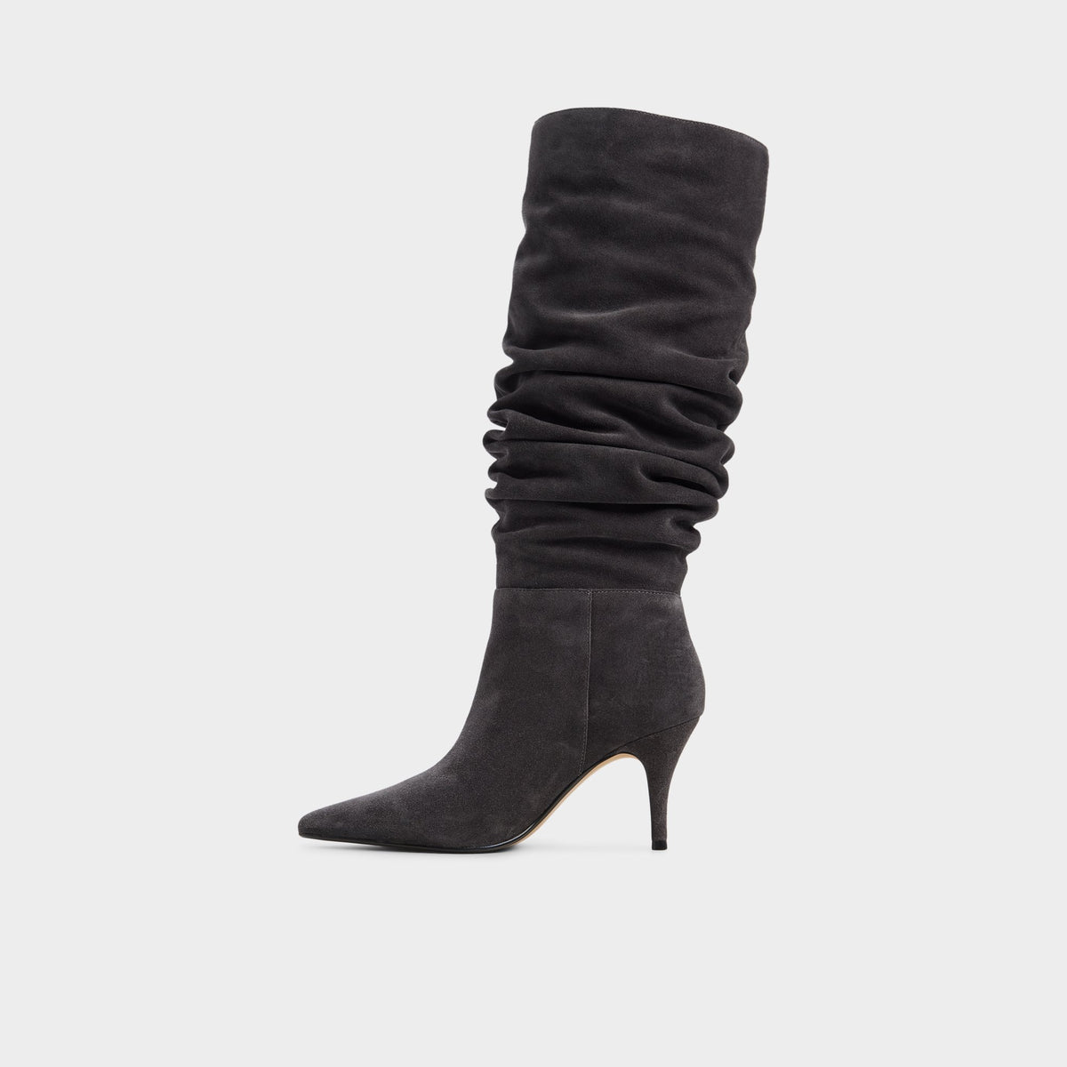 Side view of Dark grey Kimmia Stiletto heel knee-high boot