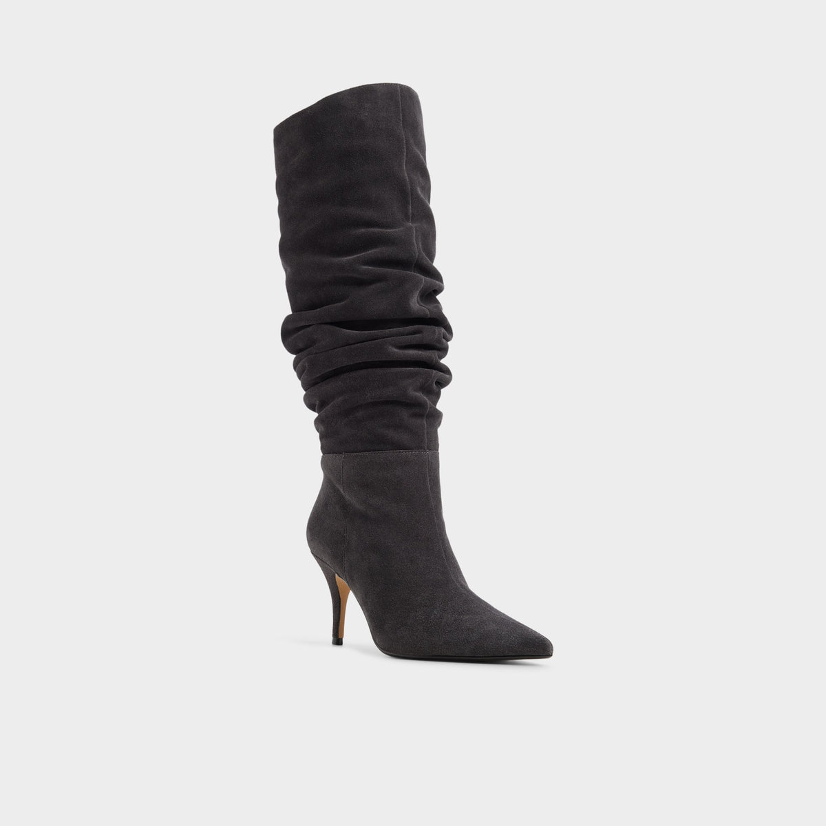 Three-quarter angle of Dark grey Kimmia Stiletto heel knee-high boot's front side
