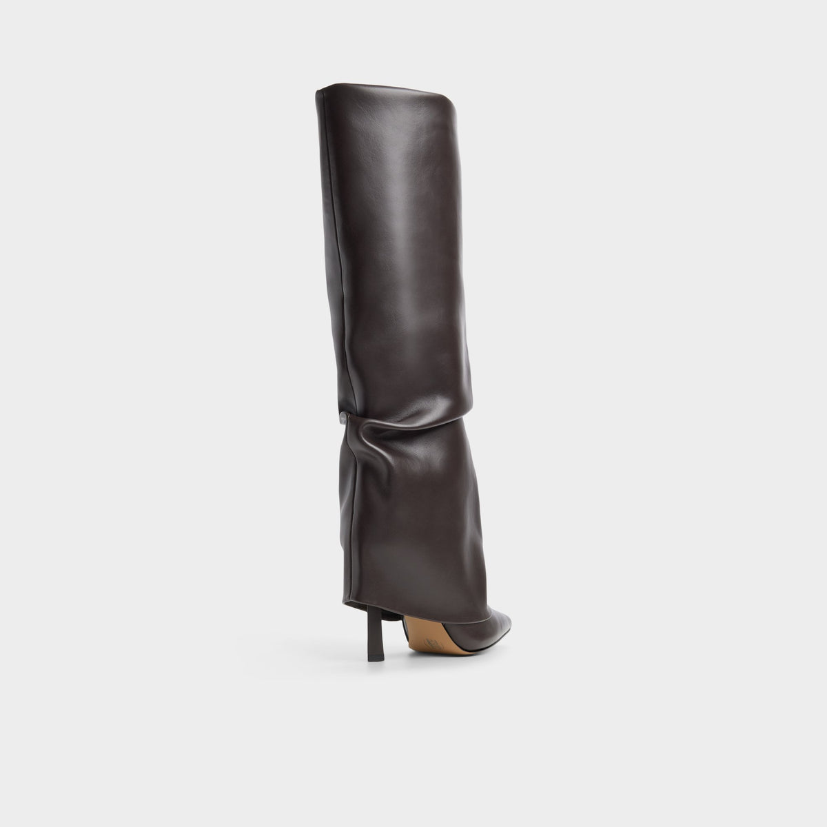 Three-quarter angle of Dark brown Enalavia Stiletto heel knee-high boot's back side