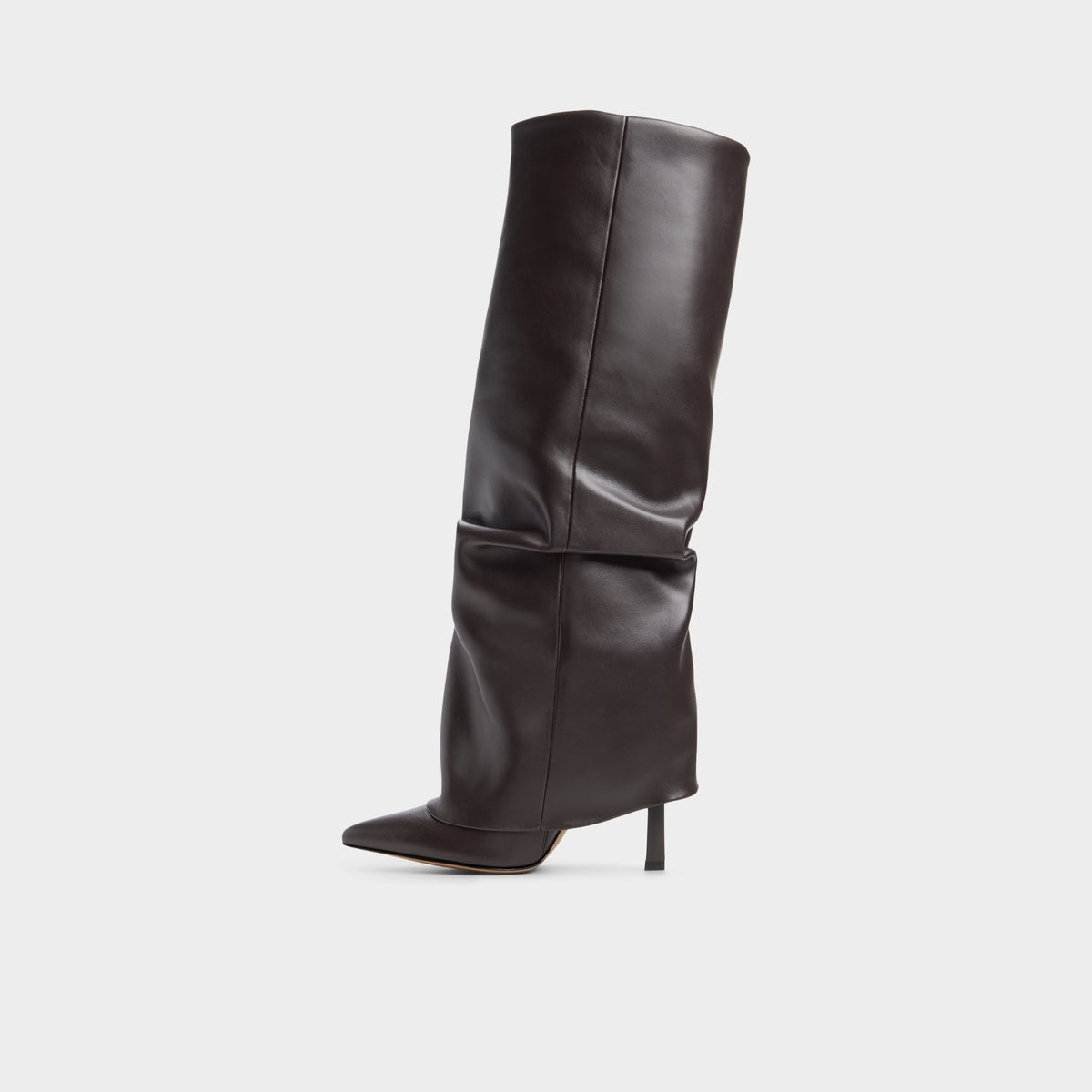 Side view of Dark brown Enalavia Stiletto heel knee-high boot