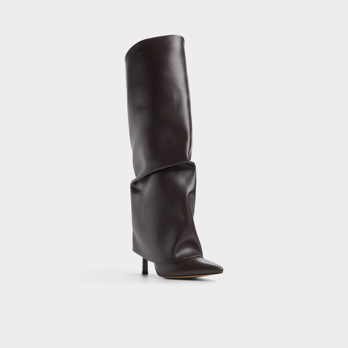 Three-quarter angle of Dark brown Enalavia Stiletto heel knee-high boot's front side
