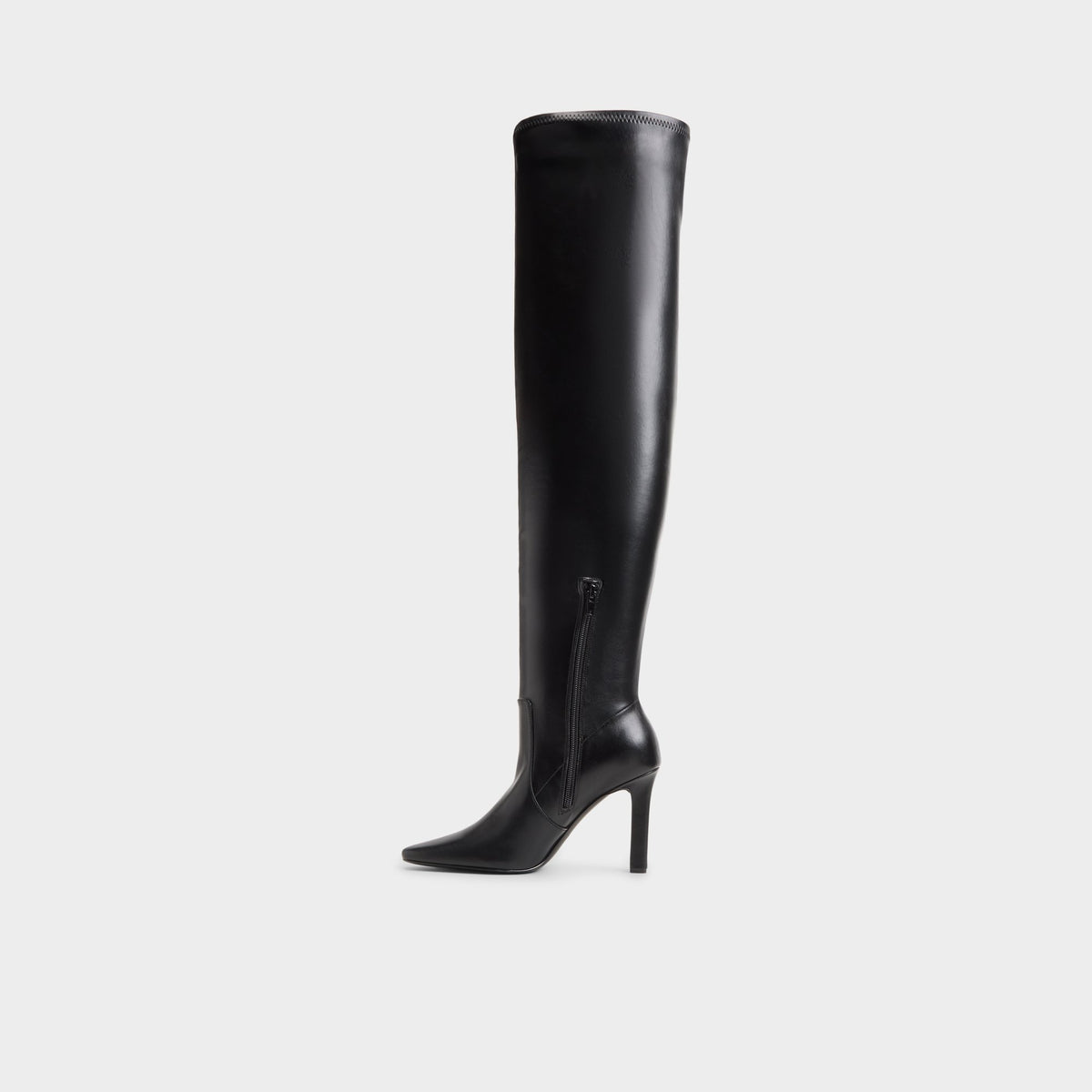 Side view of Black Allworth Block heel over-the-knee boot
