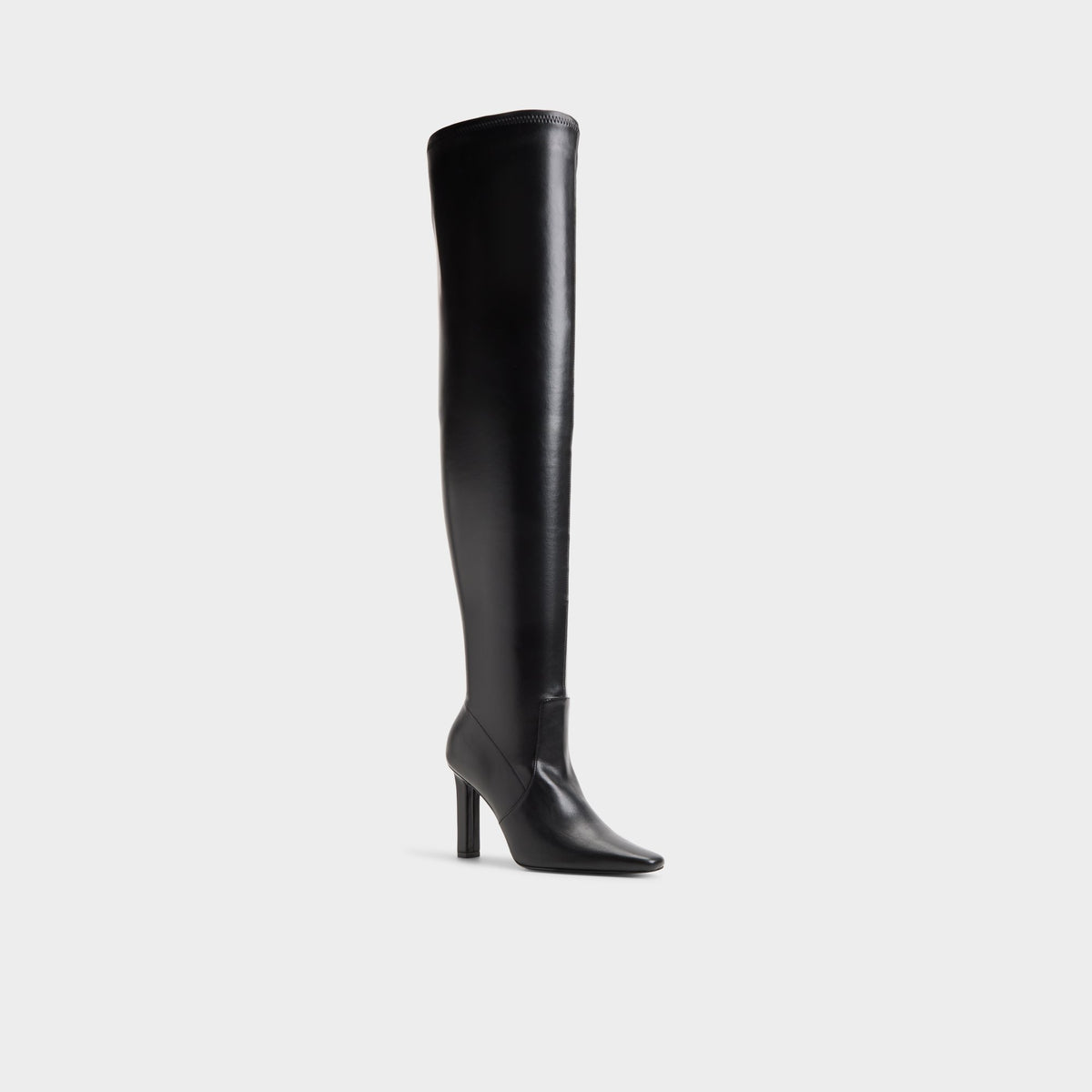 Three-quarter angle of Black Allworth Block heel over-the-knee boot's front side