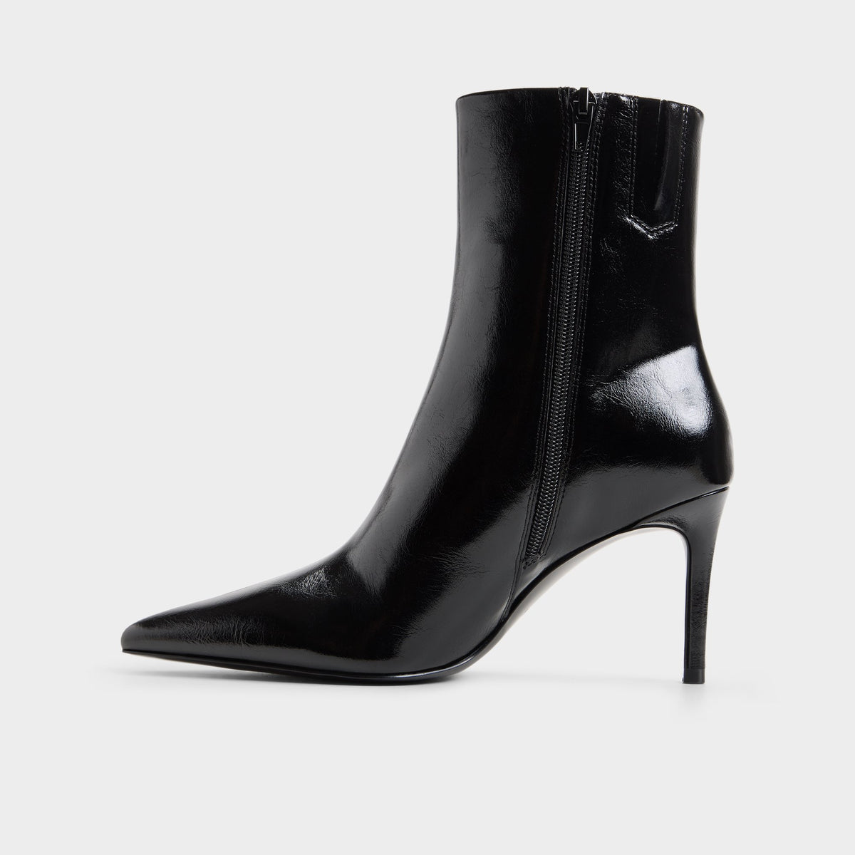 Side view of Black Dahlyaa Stiletto heel ankle boot