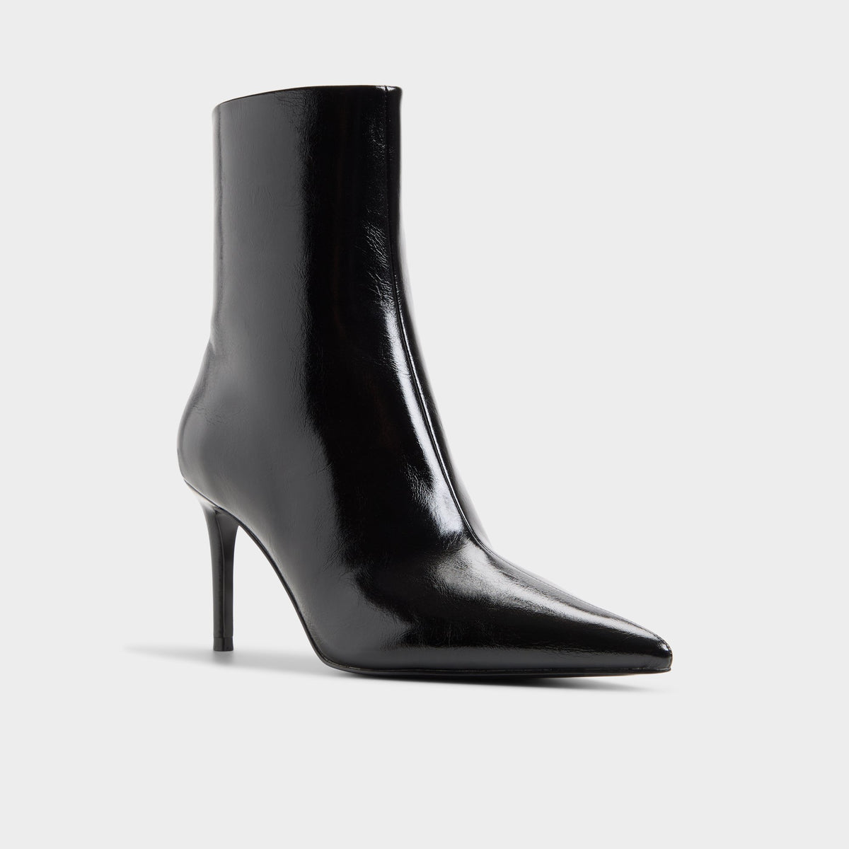 Three-quarter angle of Black Dahlyaa Stiletto heel ankle boot's front side