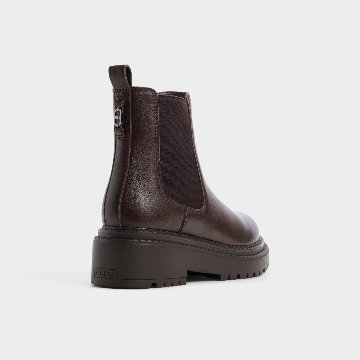 Three-quarter angle of Dark brown Bestino Lug sole Chelsea boot's back side
