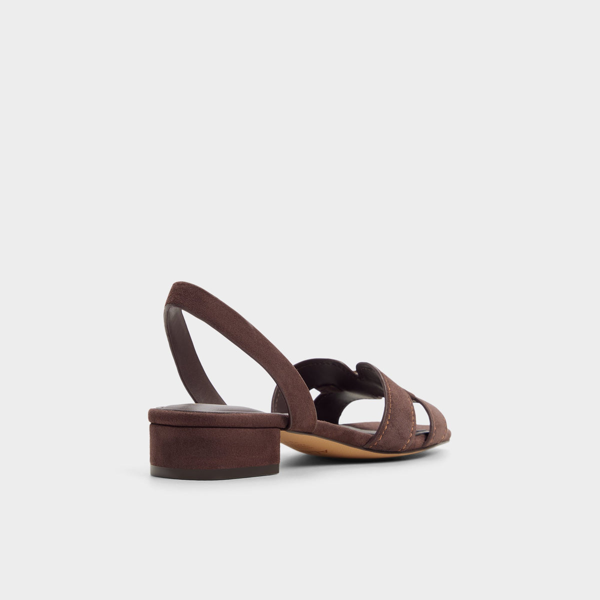 Three-quarter angle of Dark brown Javamina Sling back heeled sandal's back side
