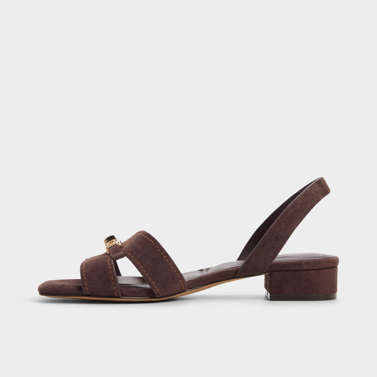 Side view of Dark brown Javamina Sling back heeled sandal