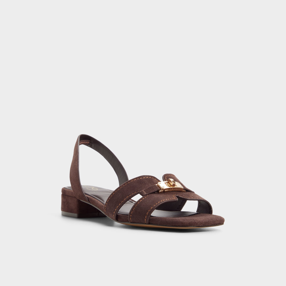 Three-quarter angle of Dark brown Javamina Sling back heeled sandal's front side
