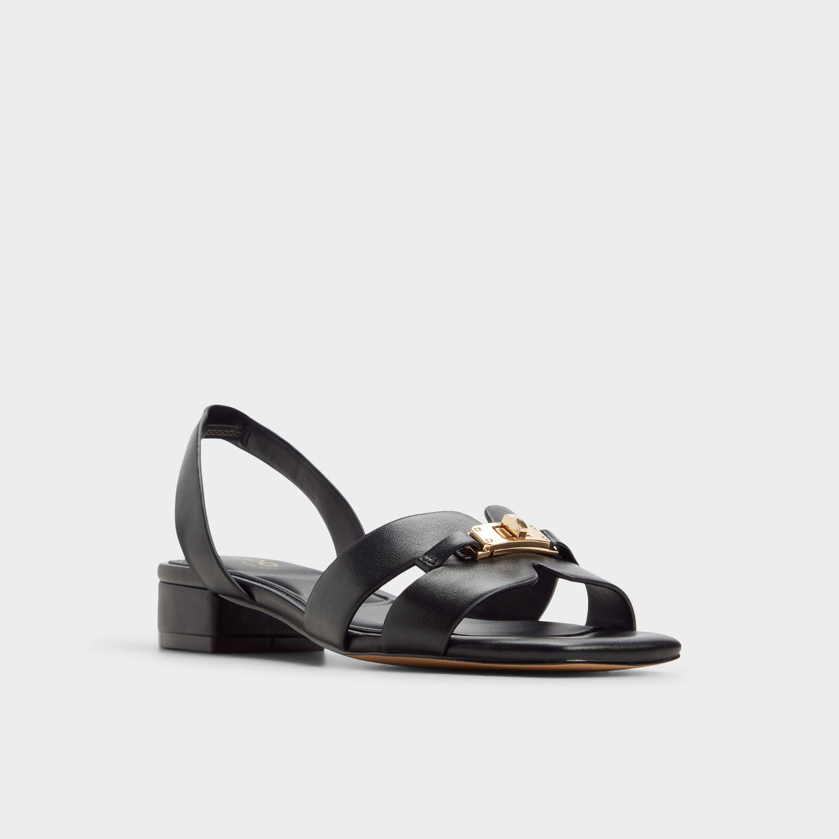 Three-quarter angle of Black Javamina Sling back heeled sandal's front side