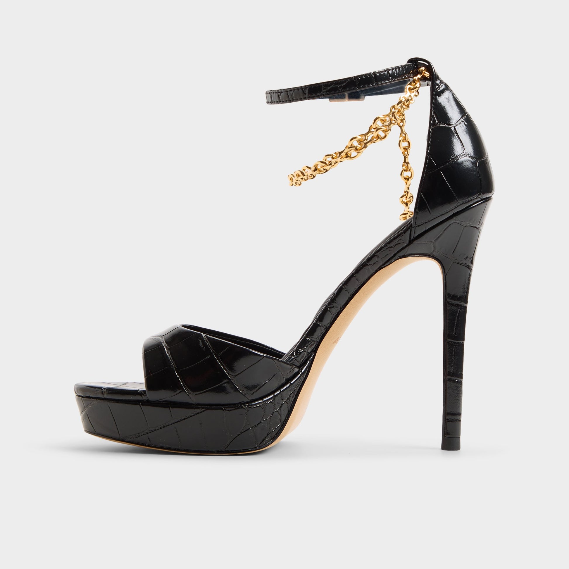 Side view of Black/black Afumeth Strappy heeled sandal