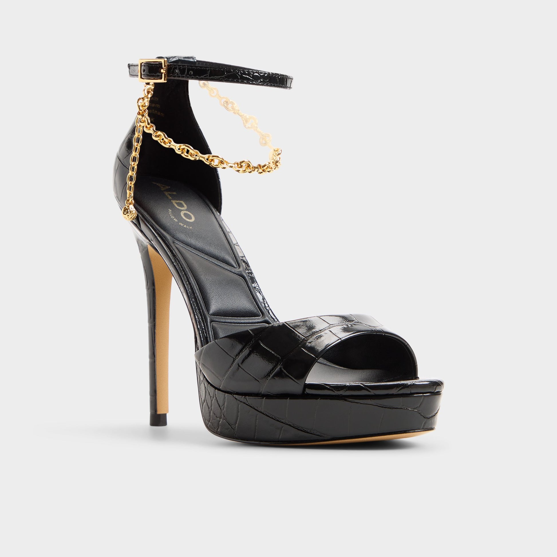 Three-quarter angle of Black/black Afumeth Strappy heeled sandal's front side