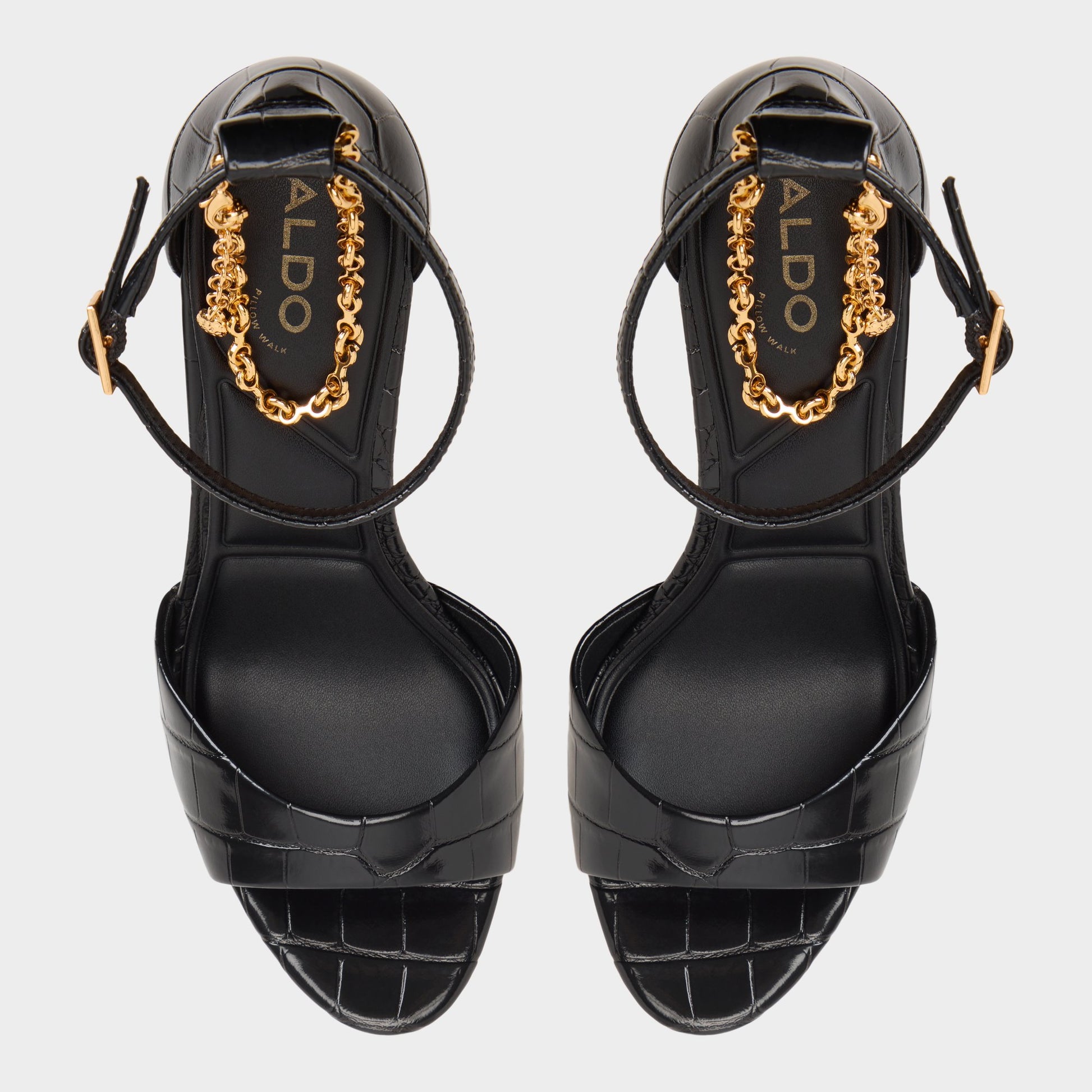 Top-down view of the Black/black Afumeth Strappy heeled sandal