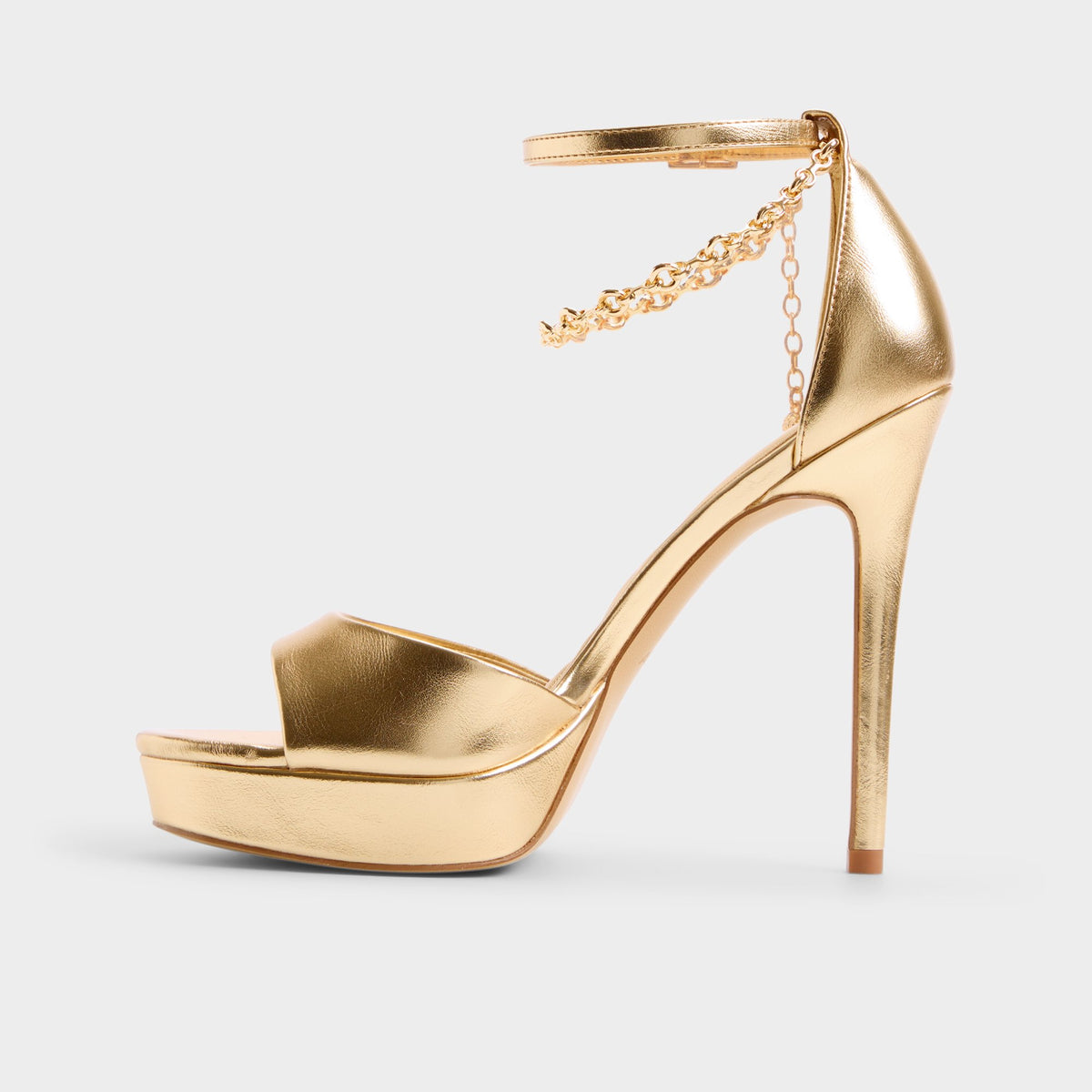 Side view of Gold Afumeth Strappy heeled sandal