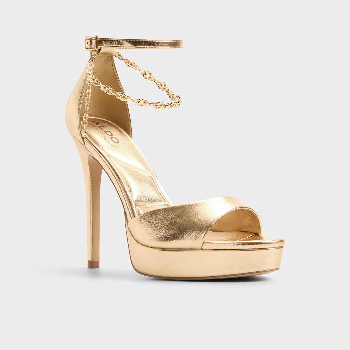 Three-quarter angle of Gold Afumeth Strappy heeled sandal's front side
