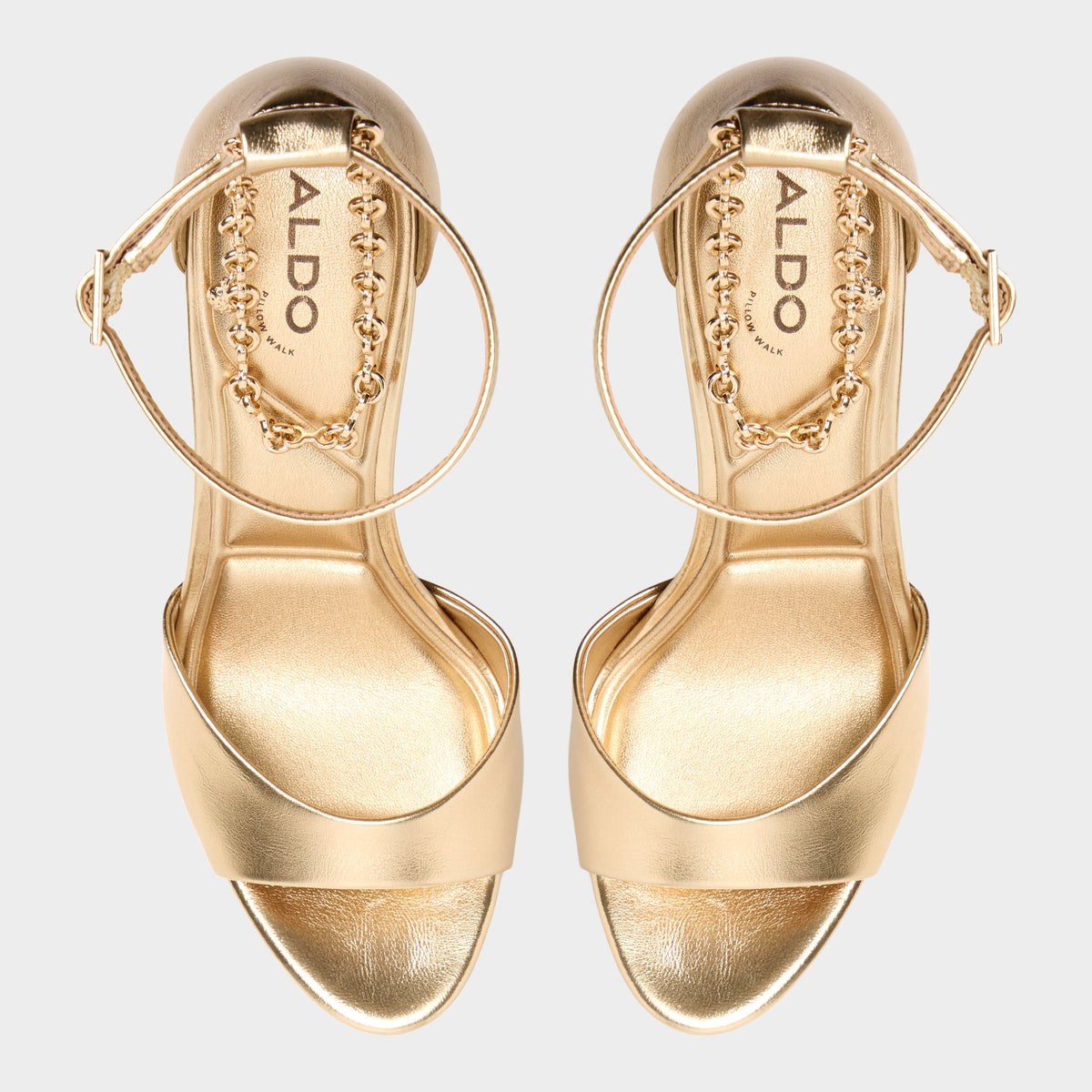 Top-down view of the Gold Afumeth Strappy heeled sandal