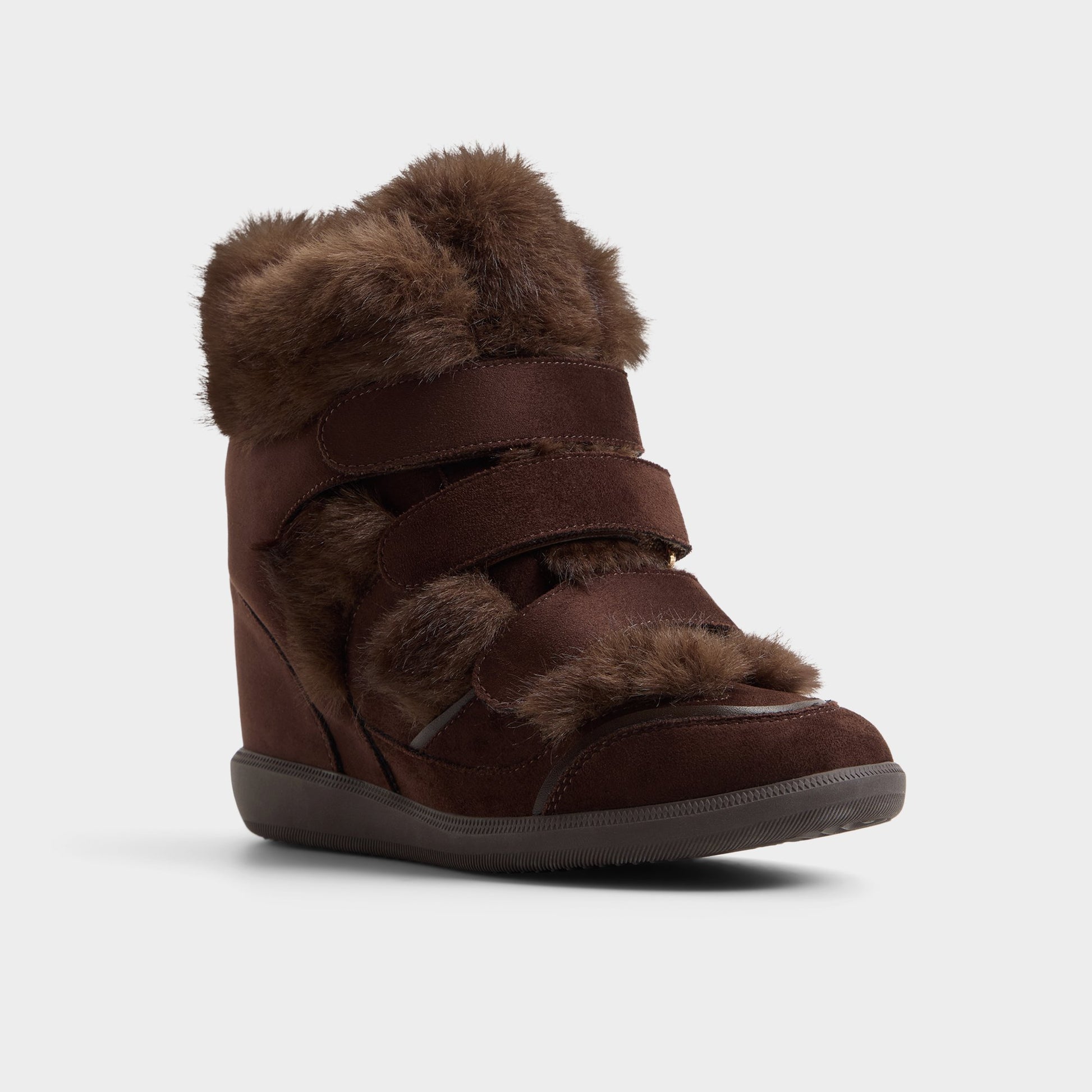 Three-quarter angle of Dark brown Belissa Wedge sneaker's front side