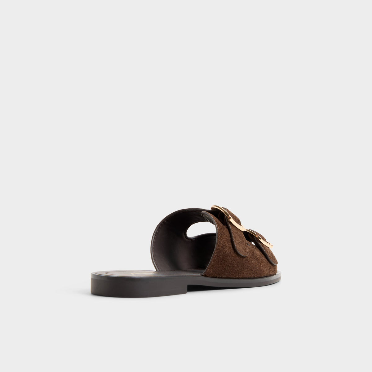 Three-quarter angle of Dark brown Oria Slide sandal's back side