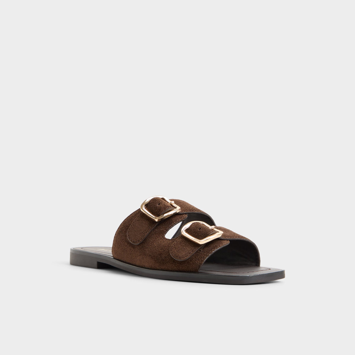 Three-quarter angle of Dark brown Oria Slide sandal's front side