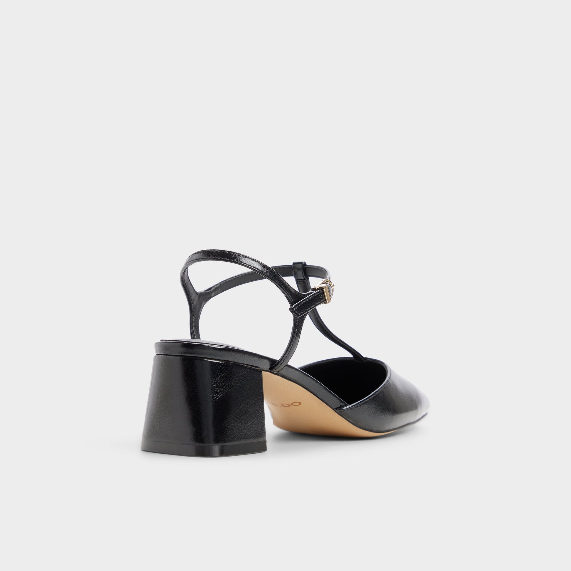 Three-quarter angle of Black Bianna T-trap heeled shoe's back side