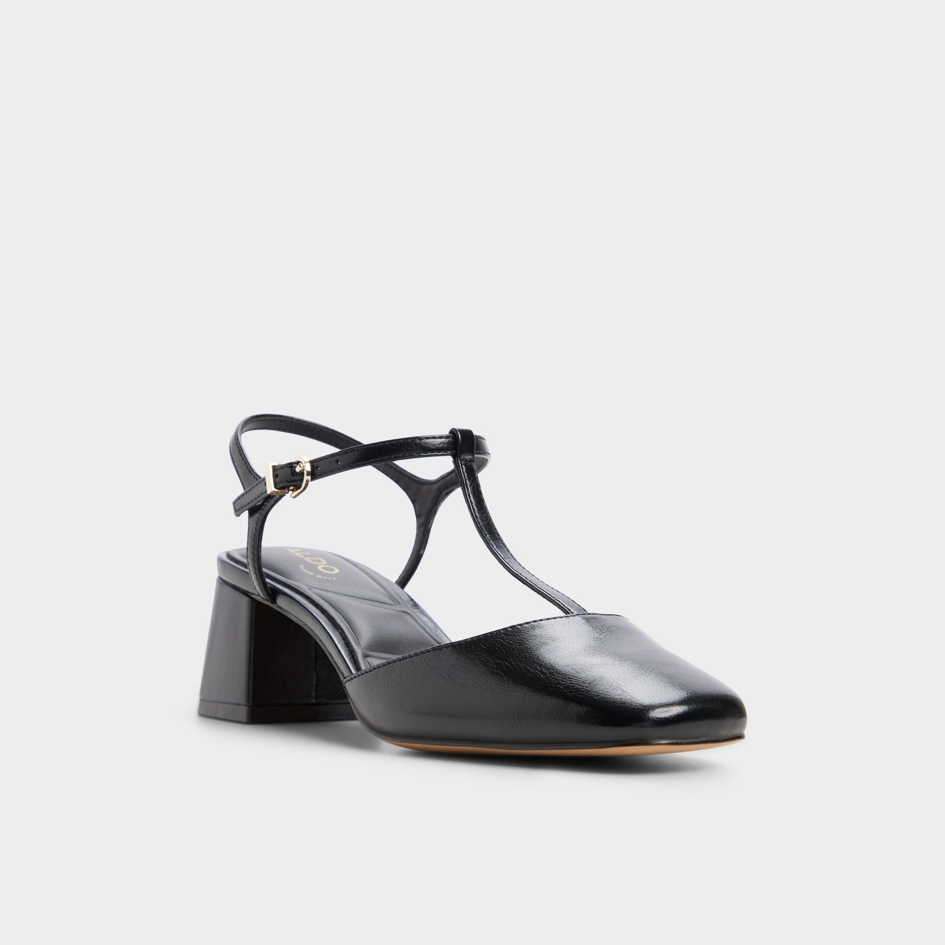 Three-quarter angle of Black Bianna T-trap heeled shoe's front side
