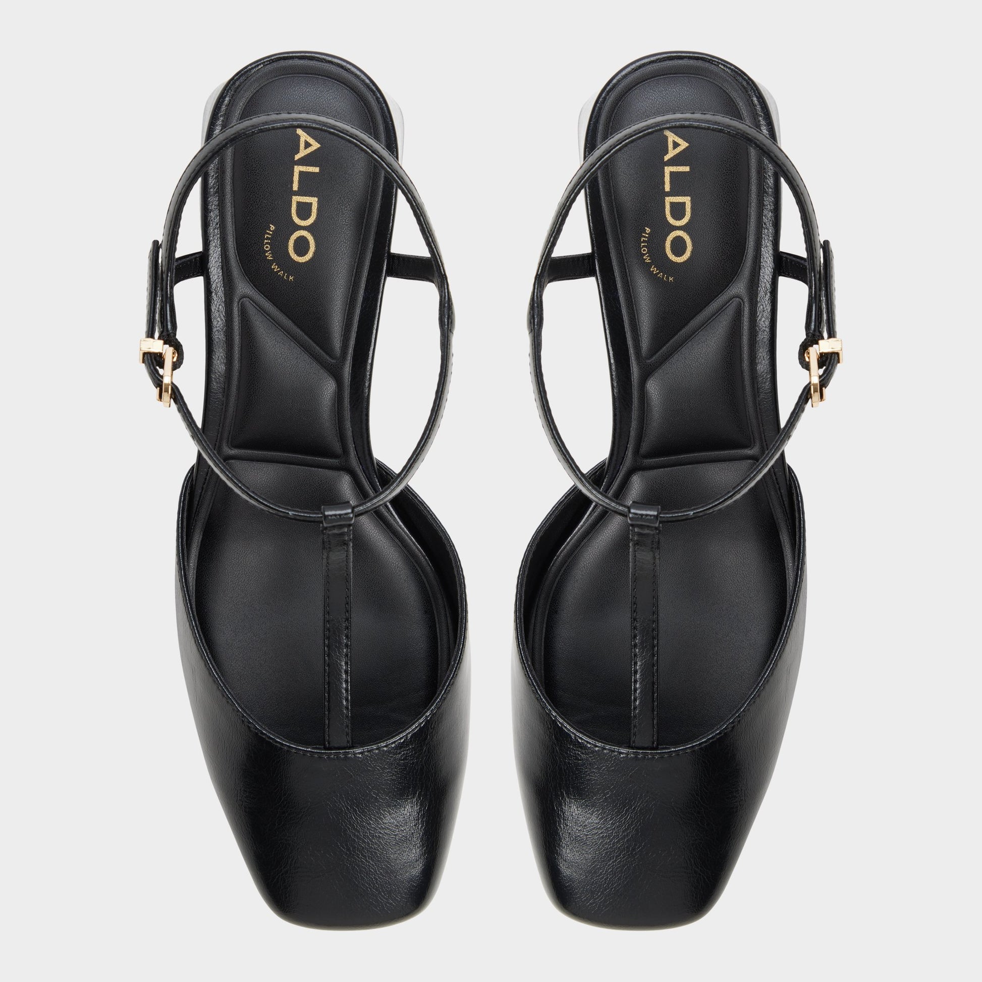 Top-down view of the Black Bianna T-trap heeled shoe