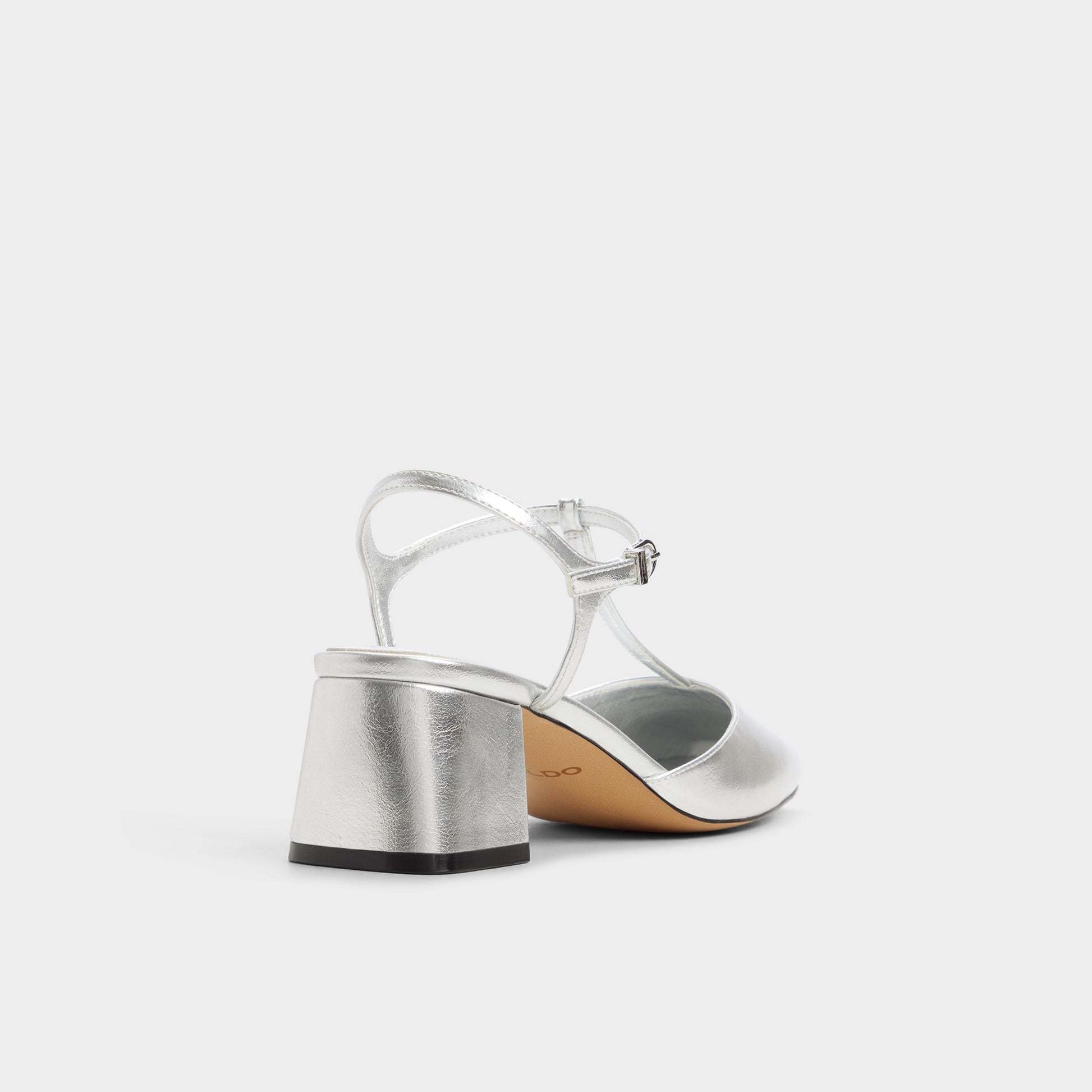 Three-quarter angle of Silver Bianna T-trap heeled shoe's back side