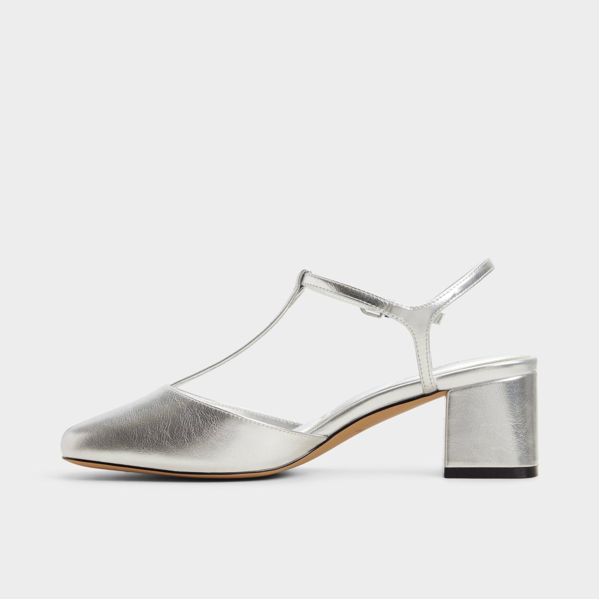 Side view of Silver Bianna T-trap heeled shoe