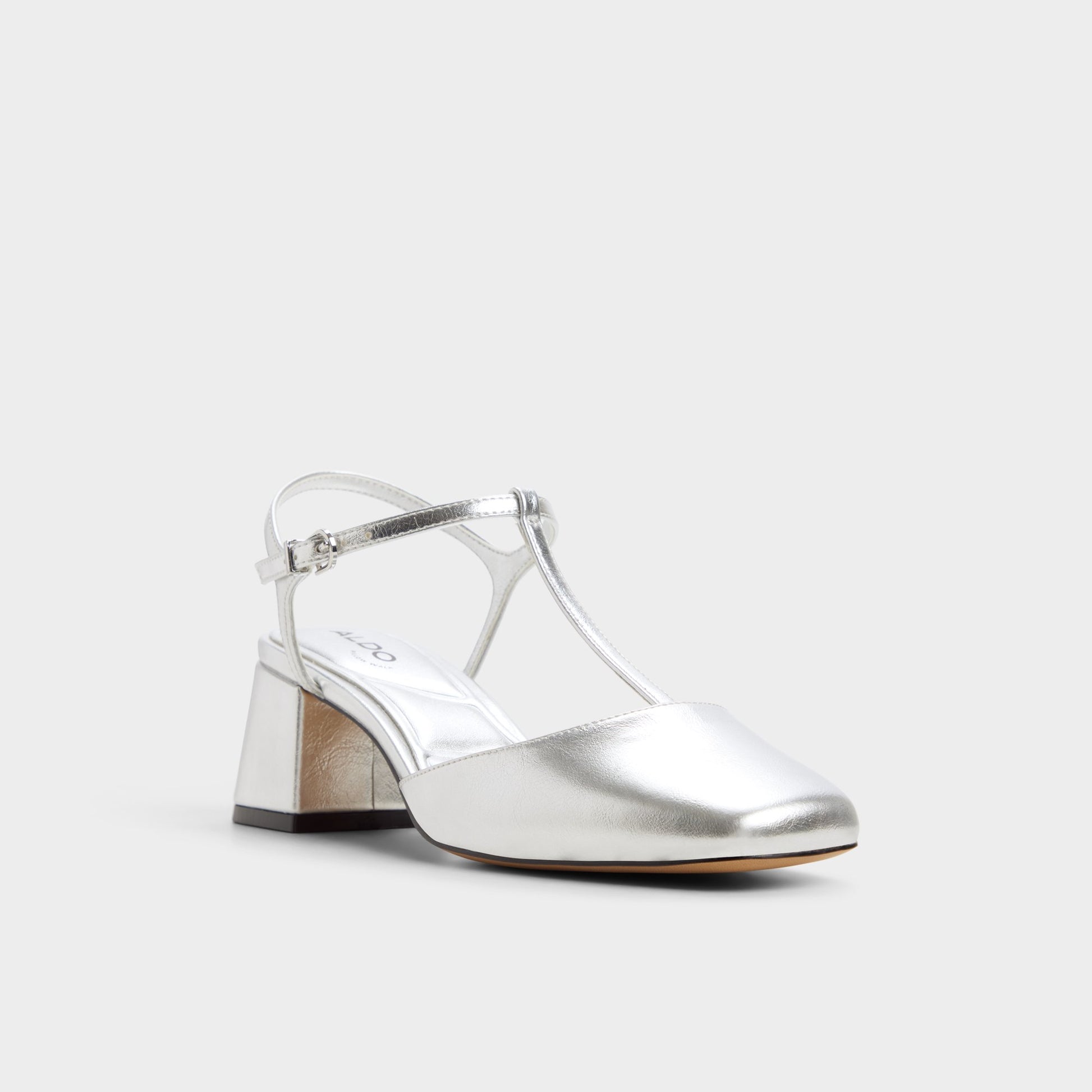 Three-quarter angle of Silver Bianna T-trap heeled shoe's front side