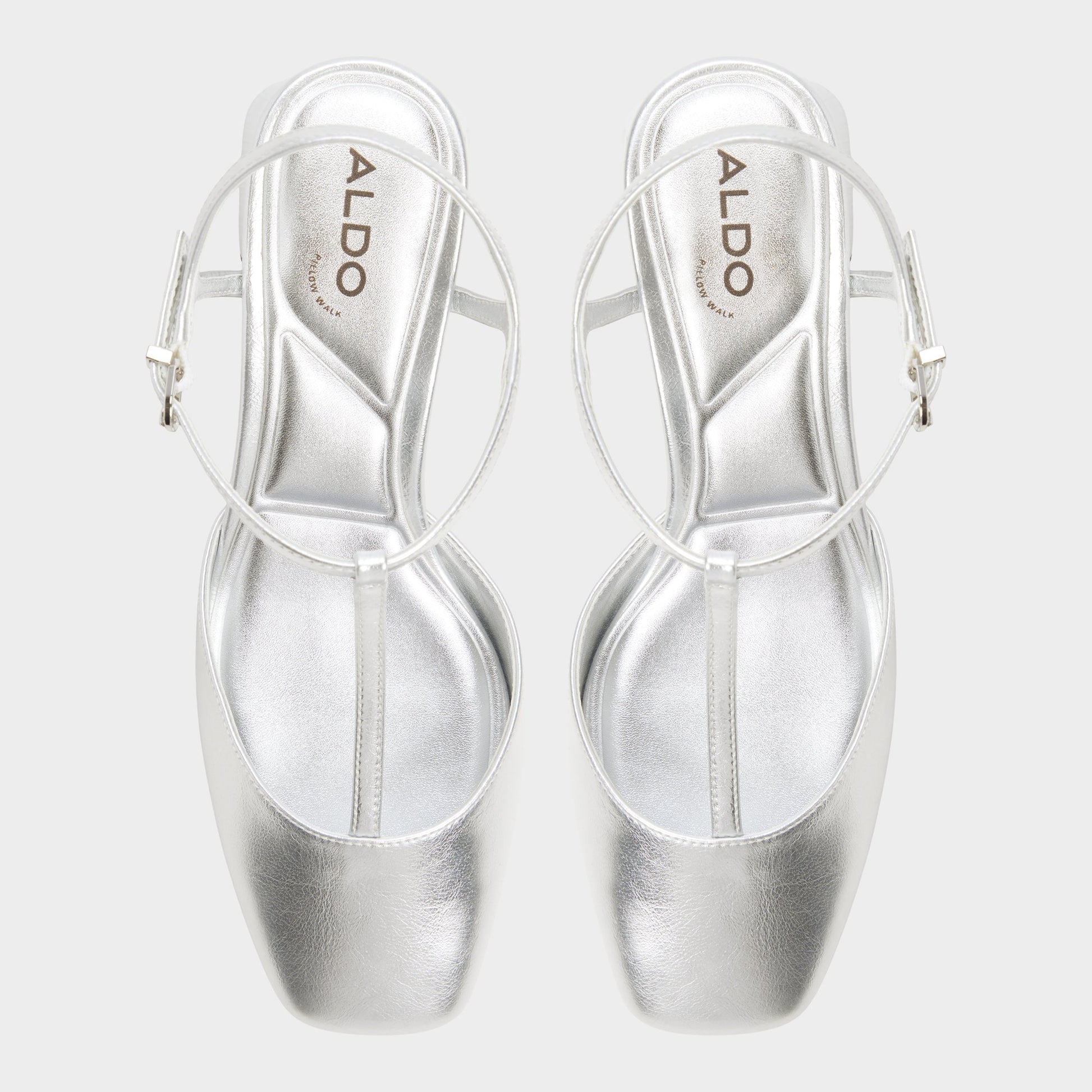 Top-down view of the Silver Bianna T-trap heeled shoe