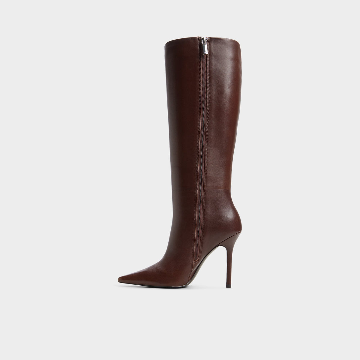 Side view of Dark brown Ridlee Stiletto heel knee-high boot
