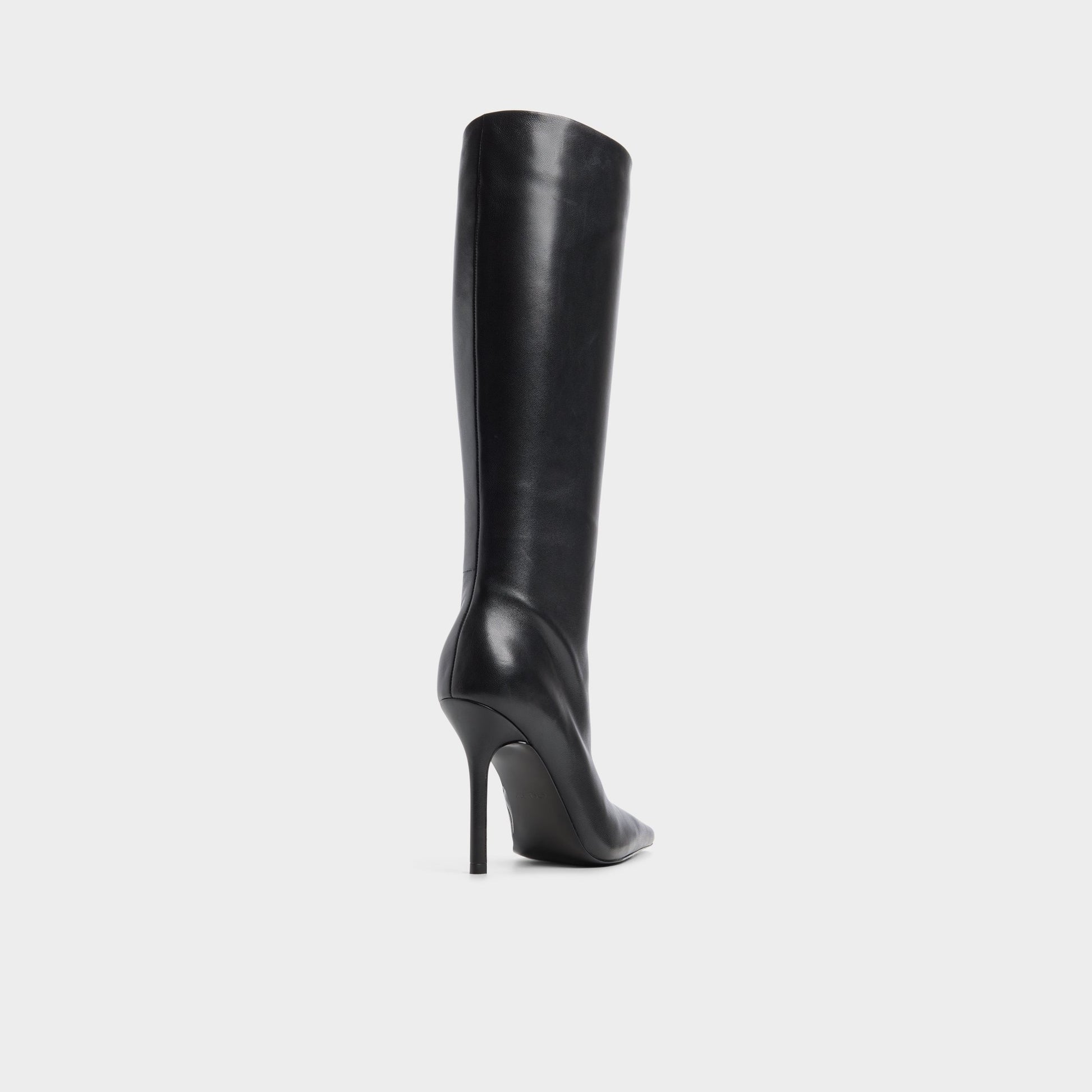 Three-quarter angle of Black Ridlee Stiletto heel knee-high boot's back side