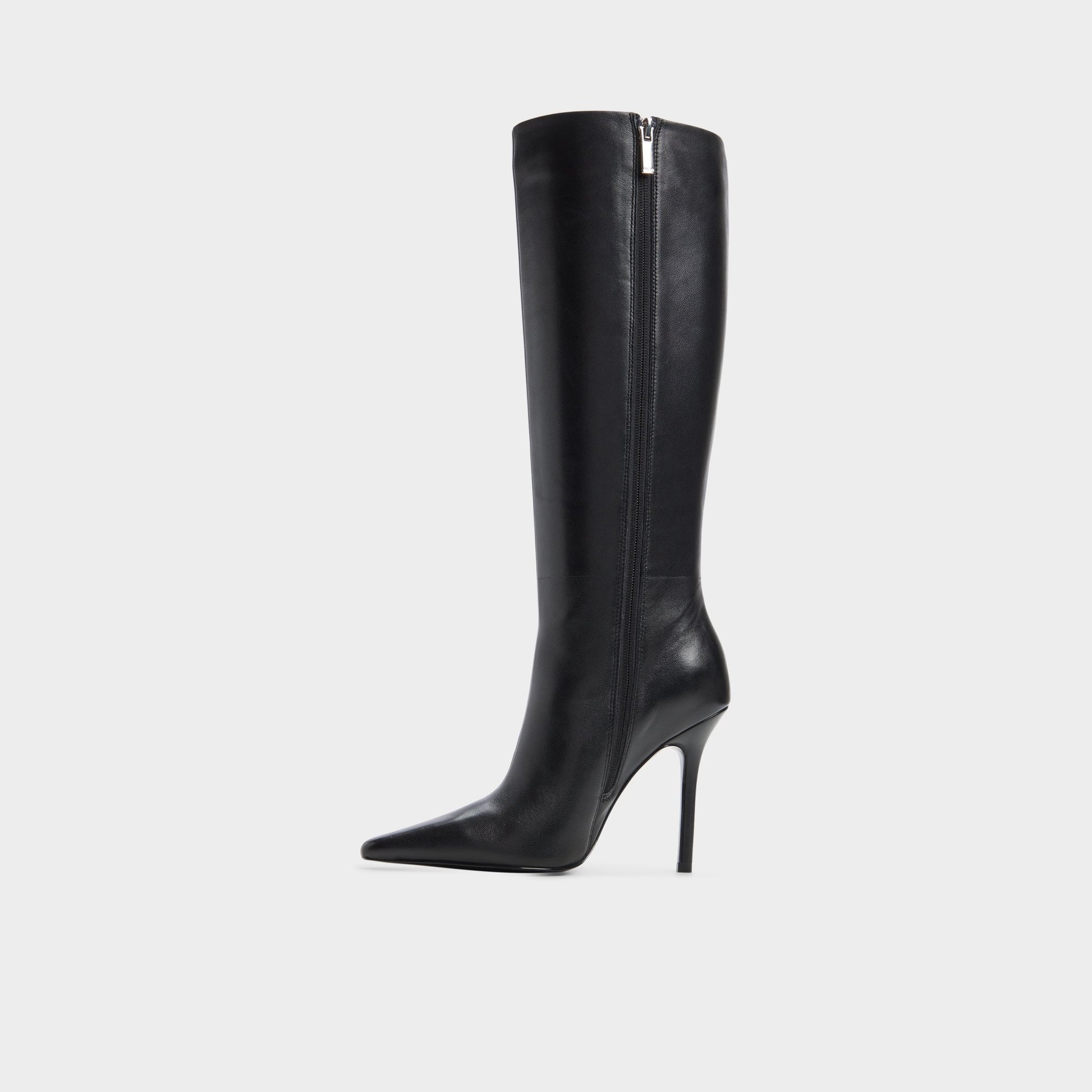 Side view of Black Ridlee Stiletto heel knee-high boot