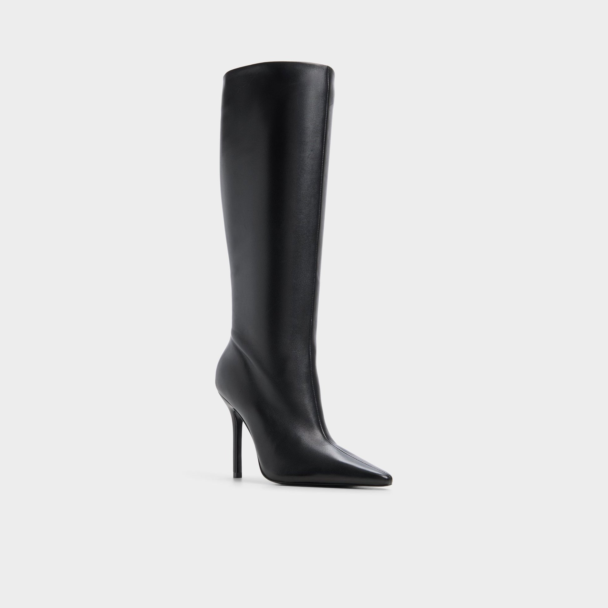 Three-quarter angle of Black Ridlee Stiletto heel knee-high boot's front side