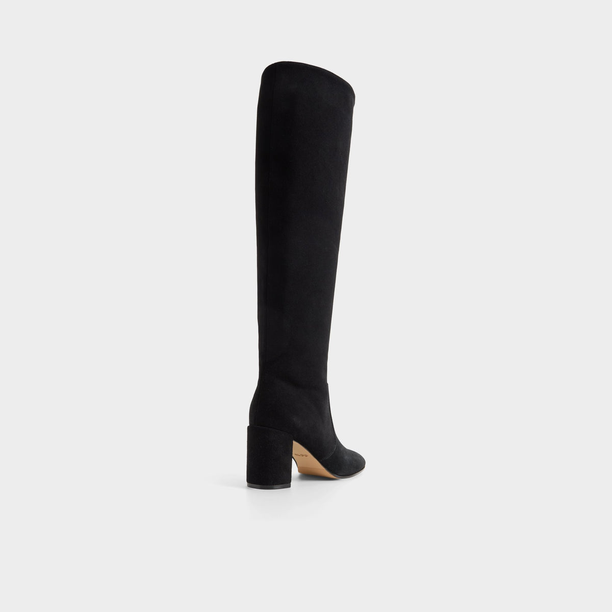 Three-quarter angle of Black Seline Block heel knee-high boot's back side