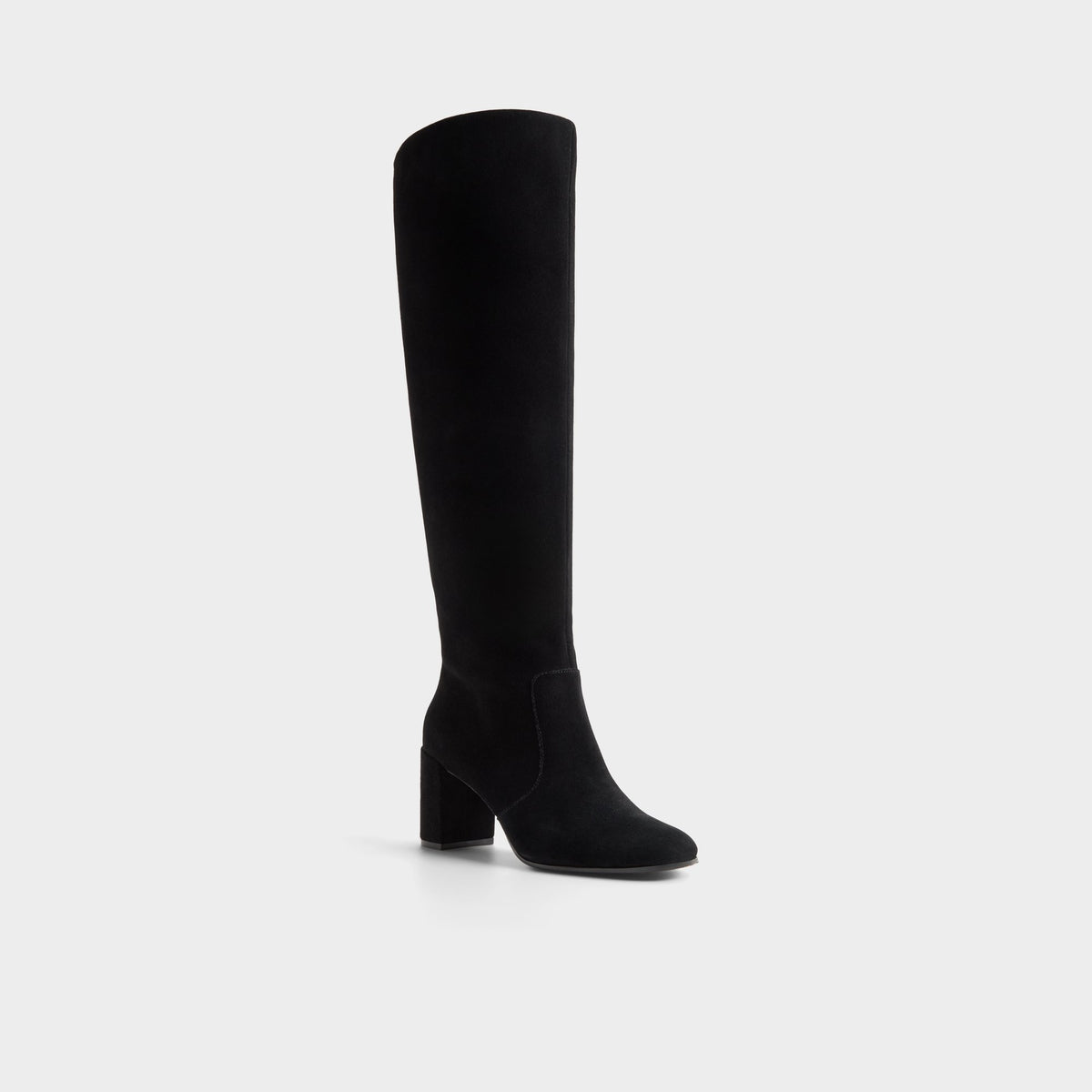 Three-quarter angle of Black Seline Block heel knee-high boot's front side
