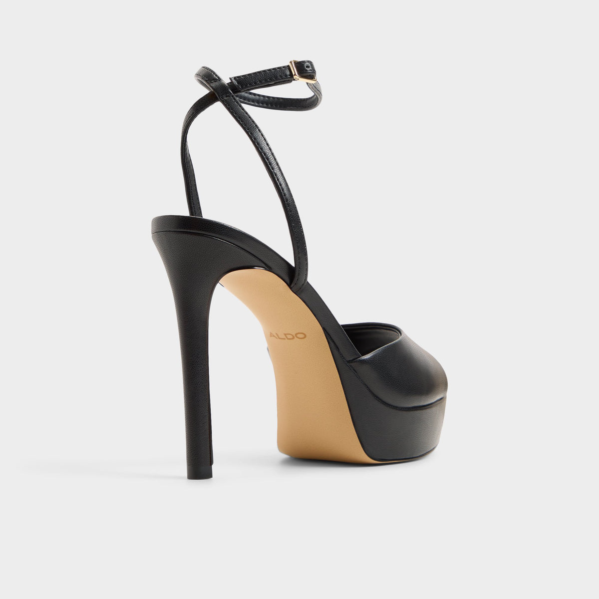 Three-quarter angle of Black Aydah Strappy heeled sandal's back side