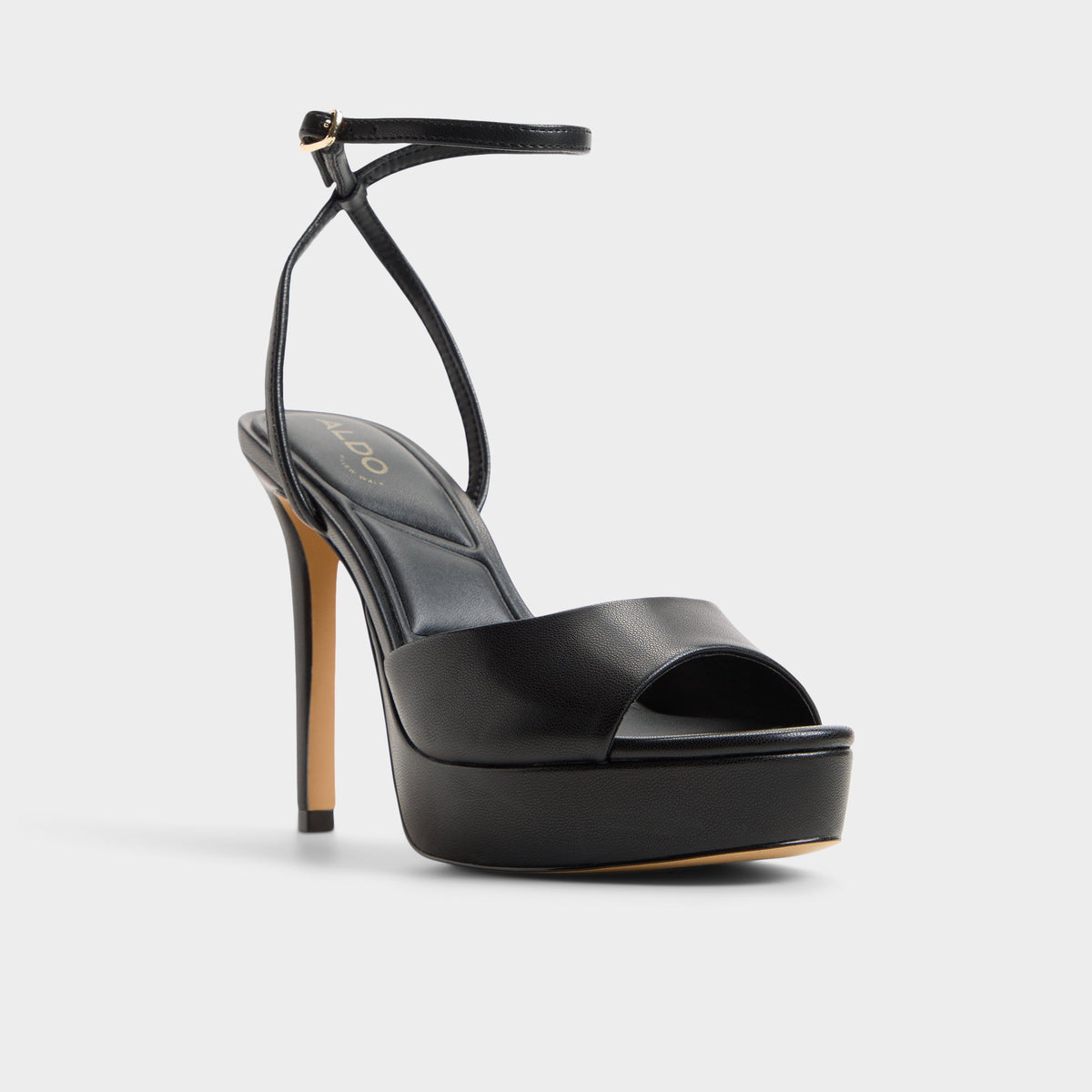 Three-quarter angle of Black Aydah Strappy heeled sandal's front side