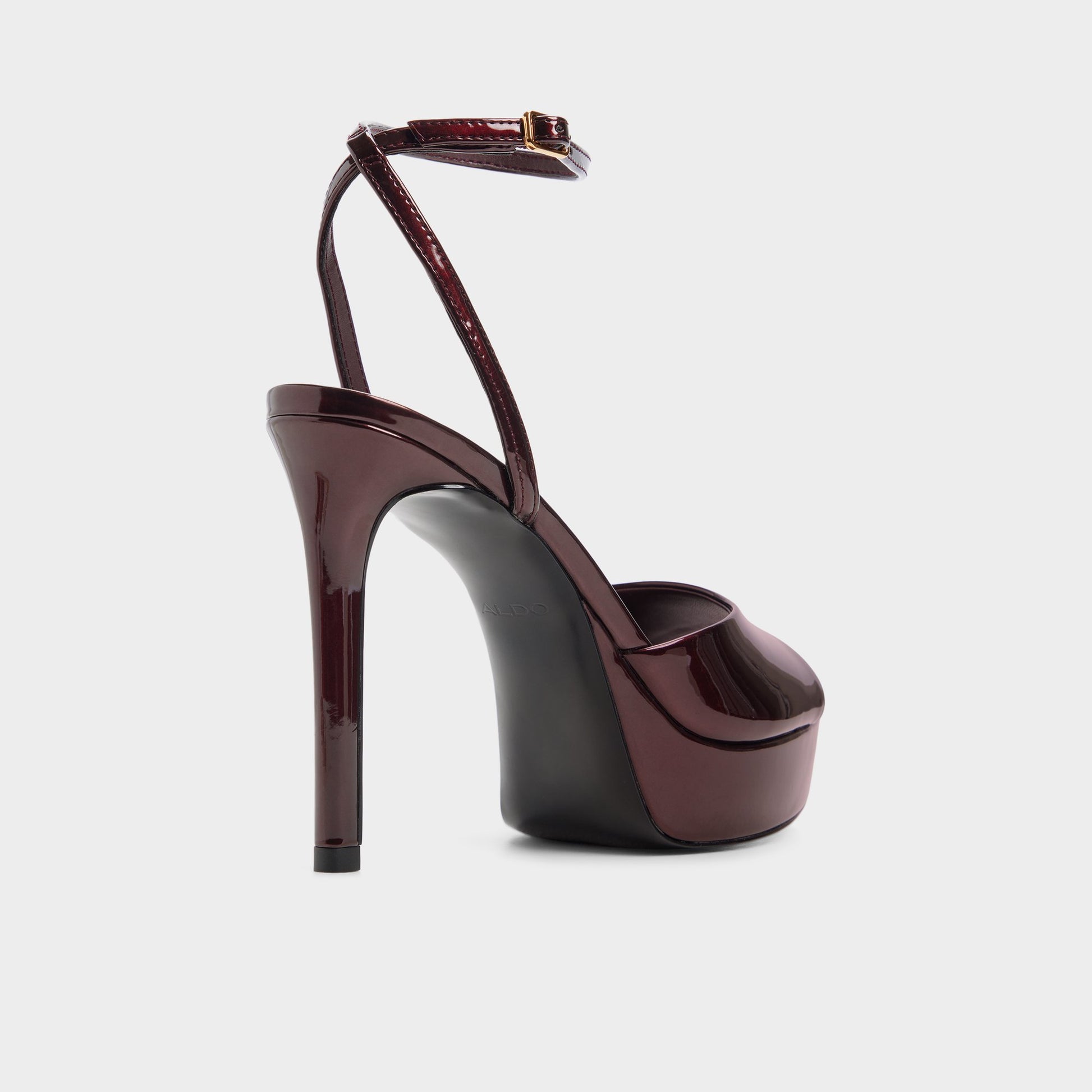 Three-quarter angle of Dark brown Aydah Strappy heeled sandal's back side