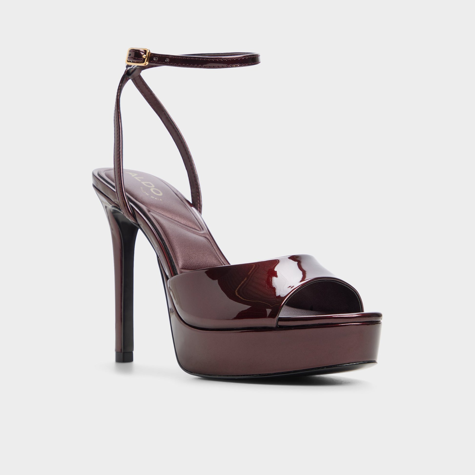 Three-quarter angle of Dark brown Aydah Strappy heeled sandal's front side