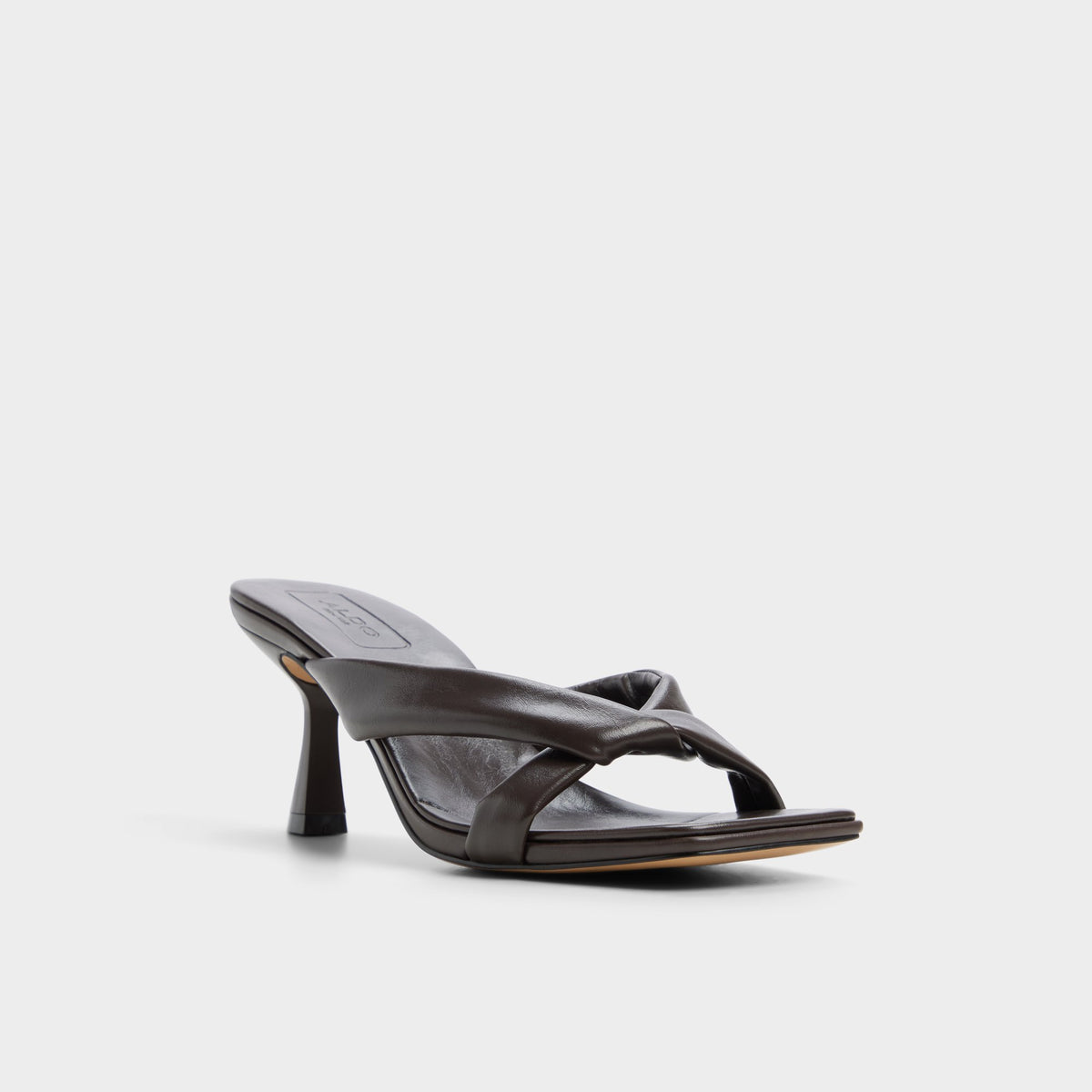 Three-quarter angle of Dark brown Zenna Heeled flip flop's front side