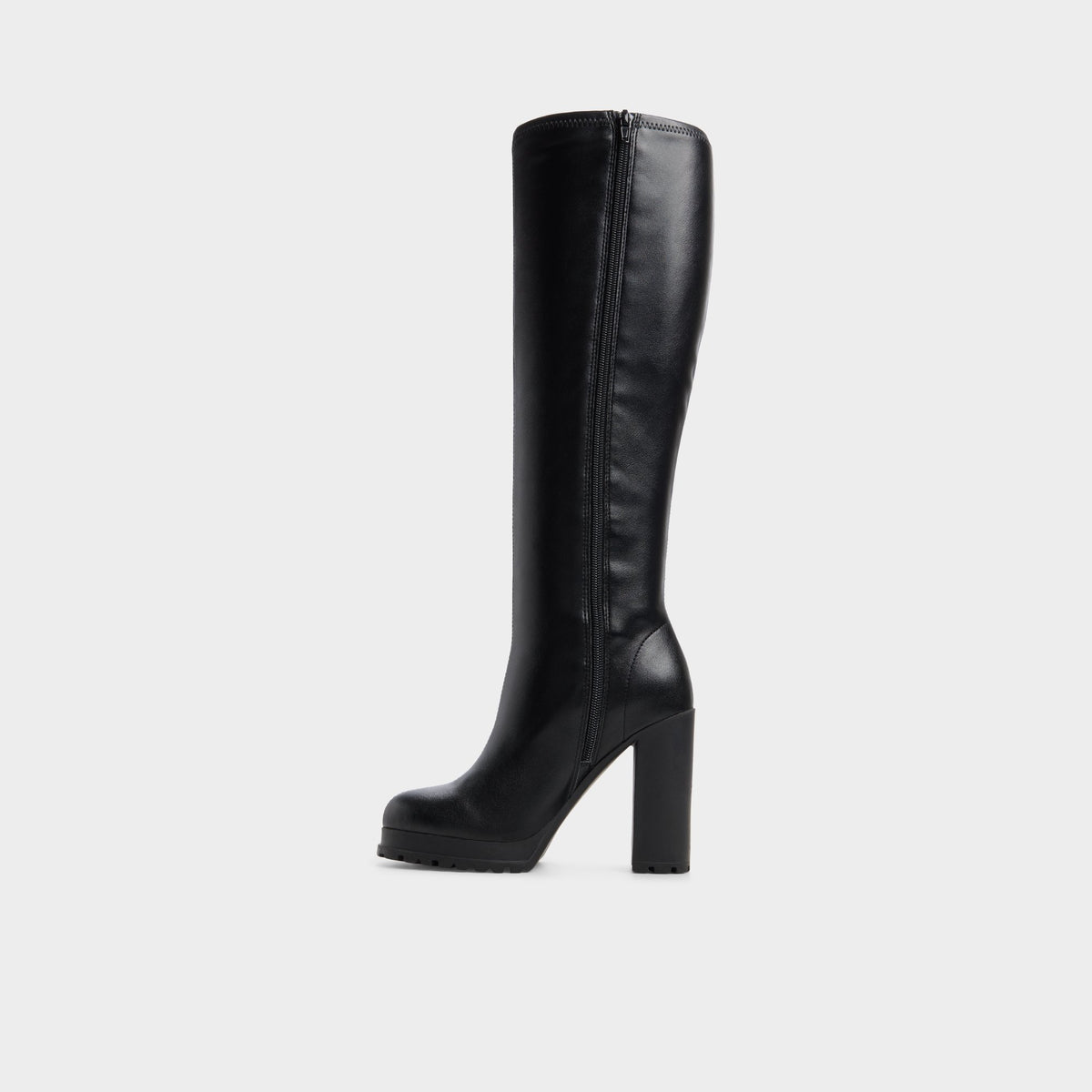 Side view of Black Boldette Lug sole knee-high boot