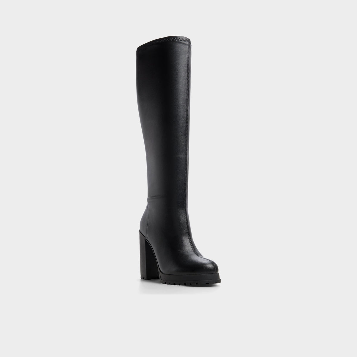 Three-quarter angle of Black Boldette Lug sole knee-high boot's front side