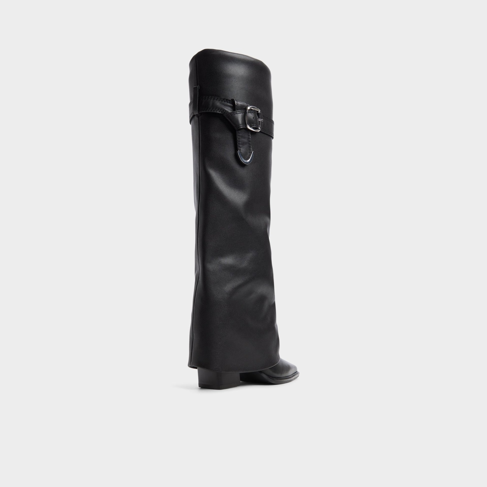 Three-quarter angle of Black Amelle Block heel knee-high boot's back side