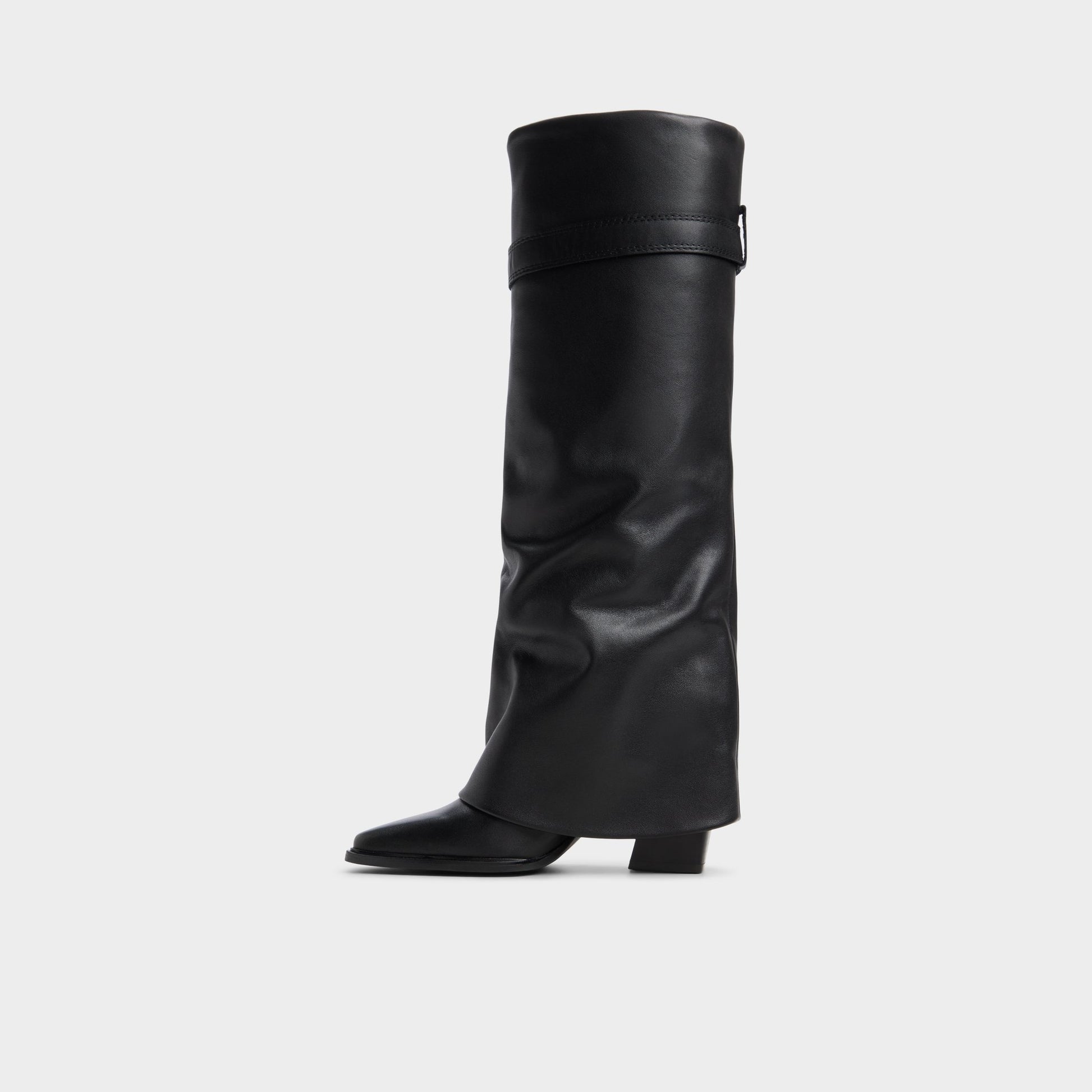 Side view of Black Amelle Block heel knee-high boot