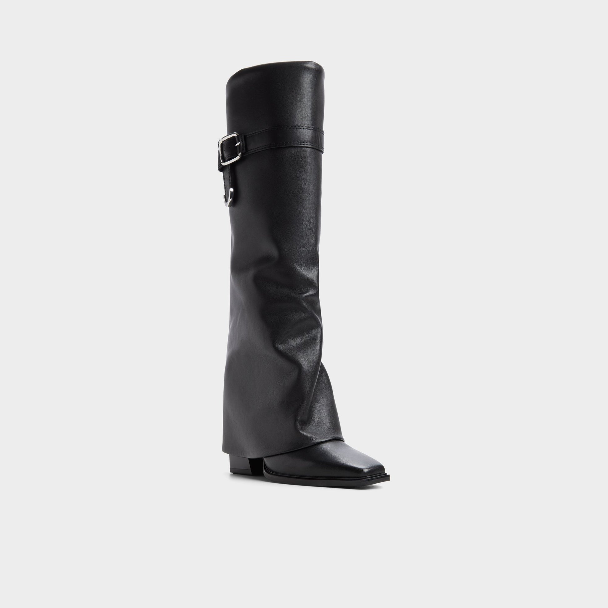 Three-quarter angle of Black Amelle Block heel knee-high boot's front side