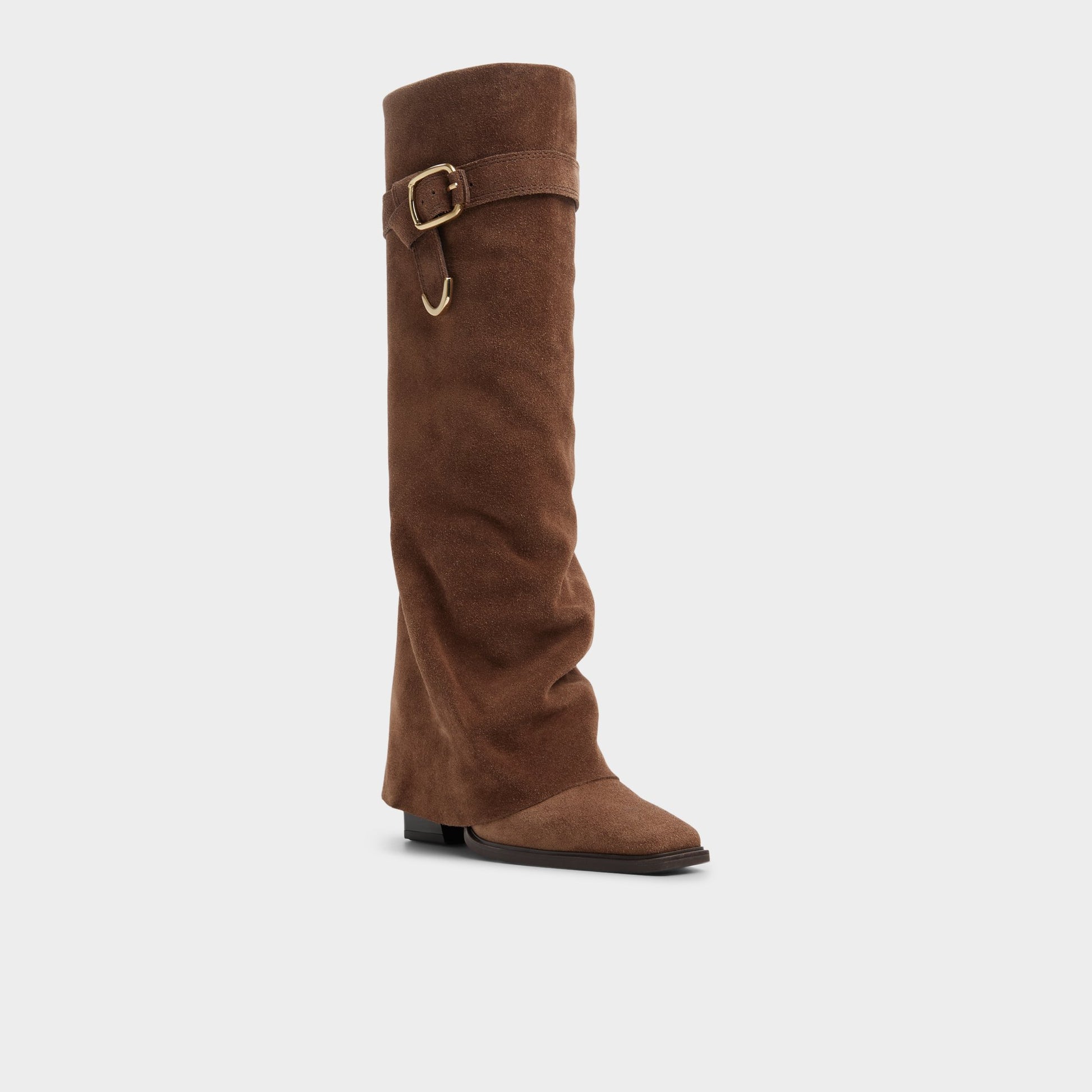 Three-quarter angle of Dark brown Amelle Block heel knee-high boot's back side