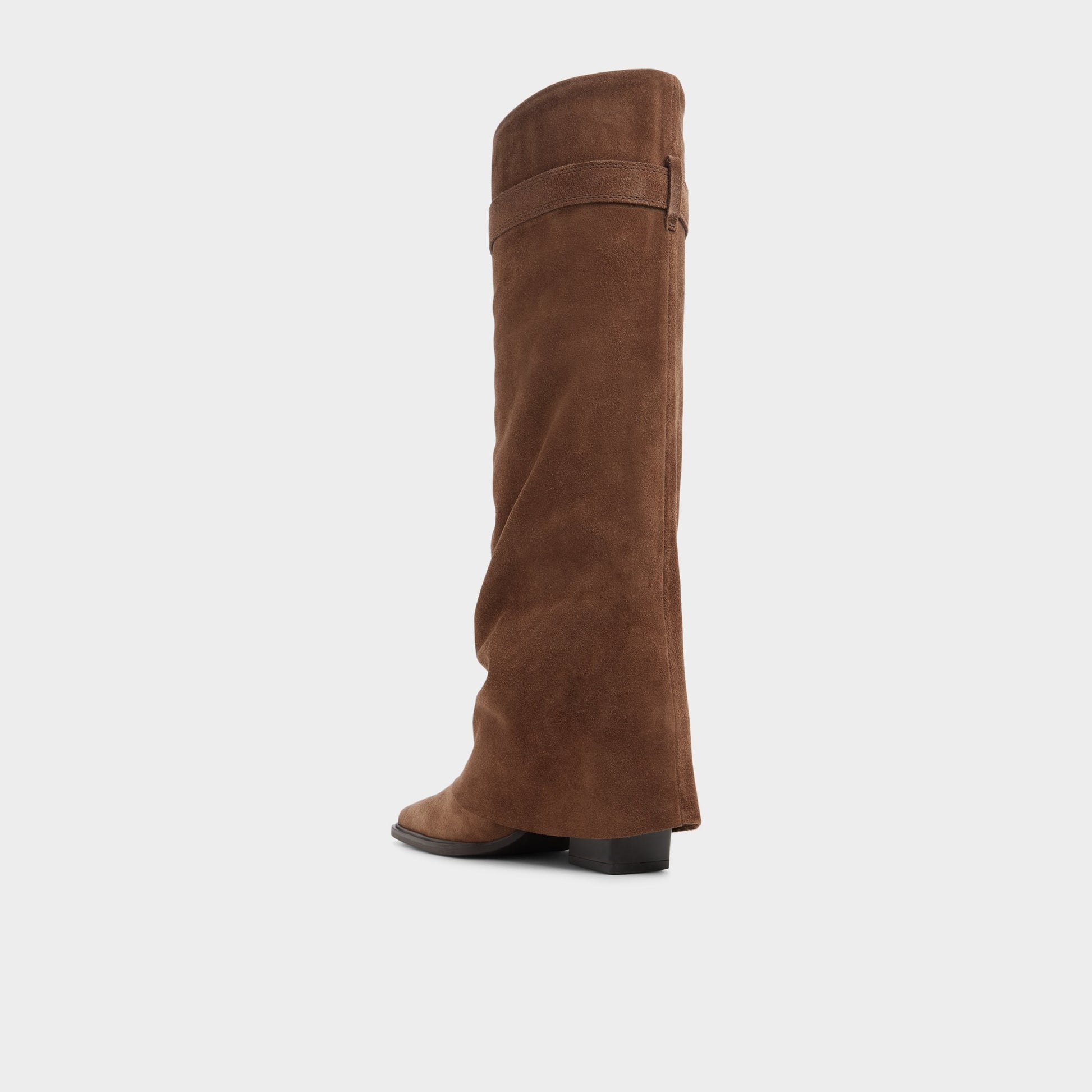Side view of Dark brown Amelle Block heel knee-high boot