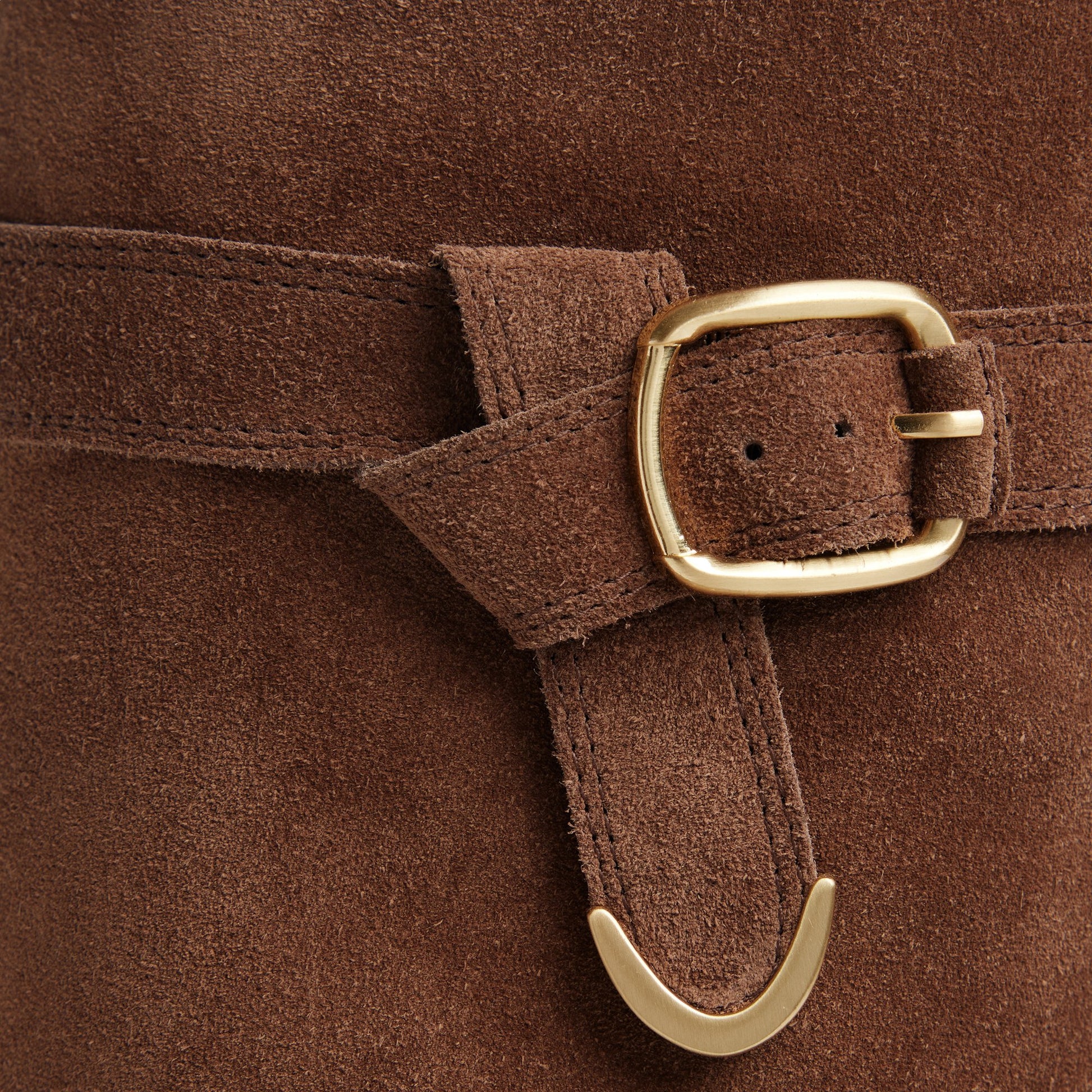 Close-up of the Dark brown Amelle Block heel knee-high boot