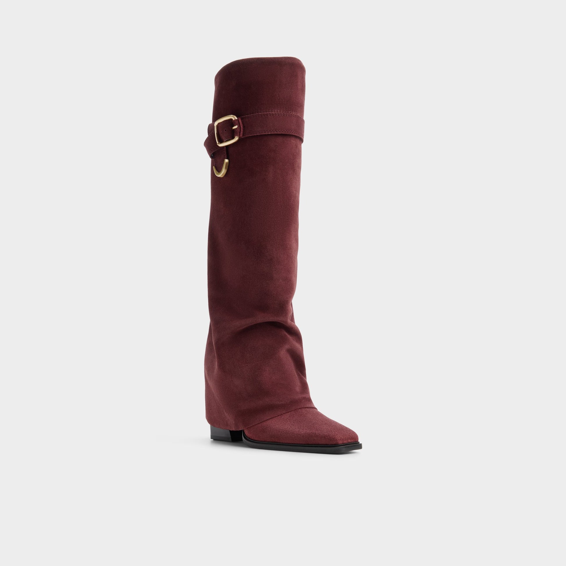Three-quarter angle of Bordo Amelle Block heel knee-high boot's front side